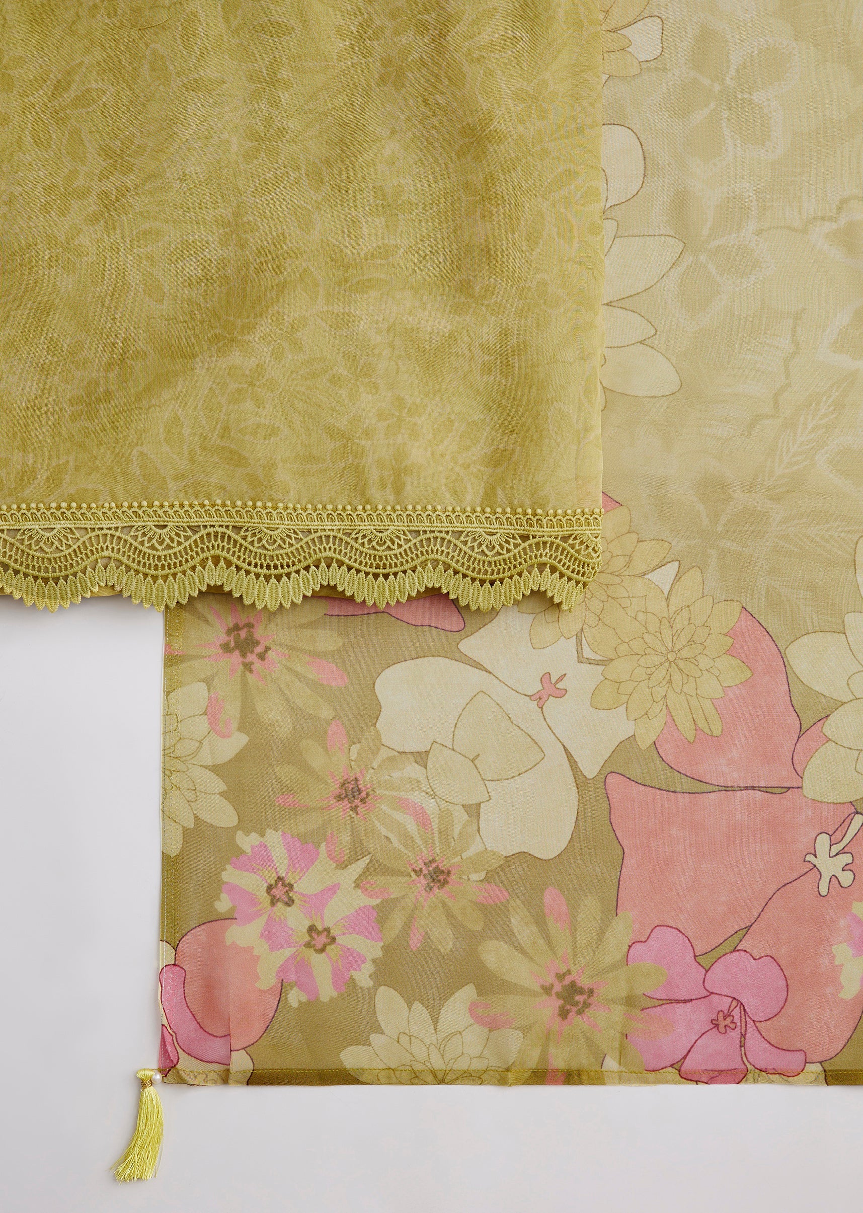 Lime Green Organza Bead Work Unstitched Suit Set With Dupatta - Image 3