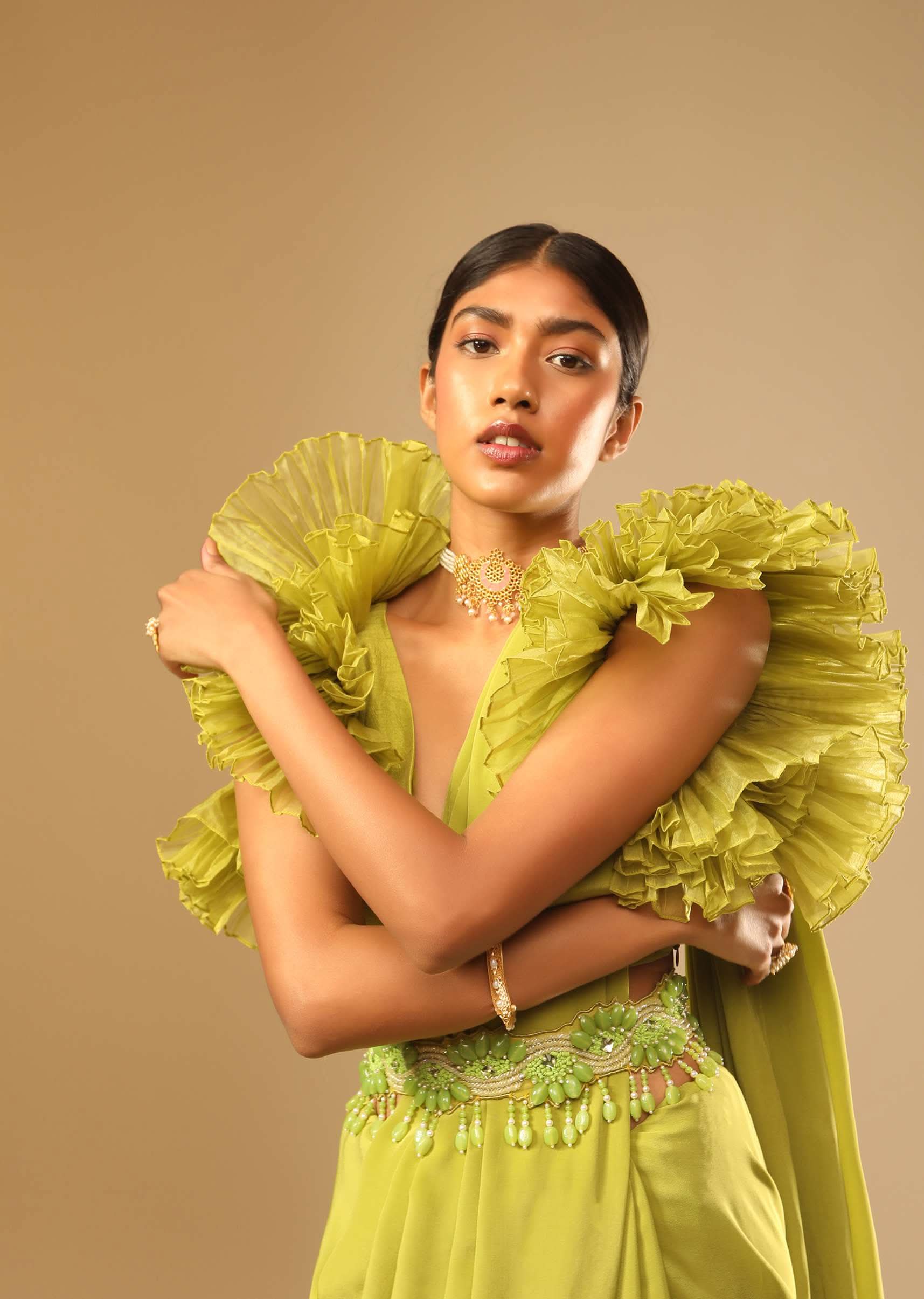 Lime Green Saree In Crepe With Elaborate Ruffle Sleeved Crop Top And Heavy Stone Embroidered Belt - Image 2