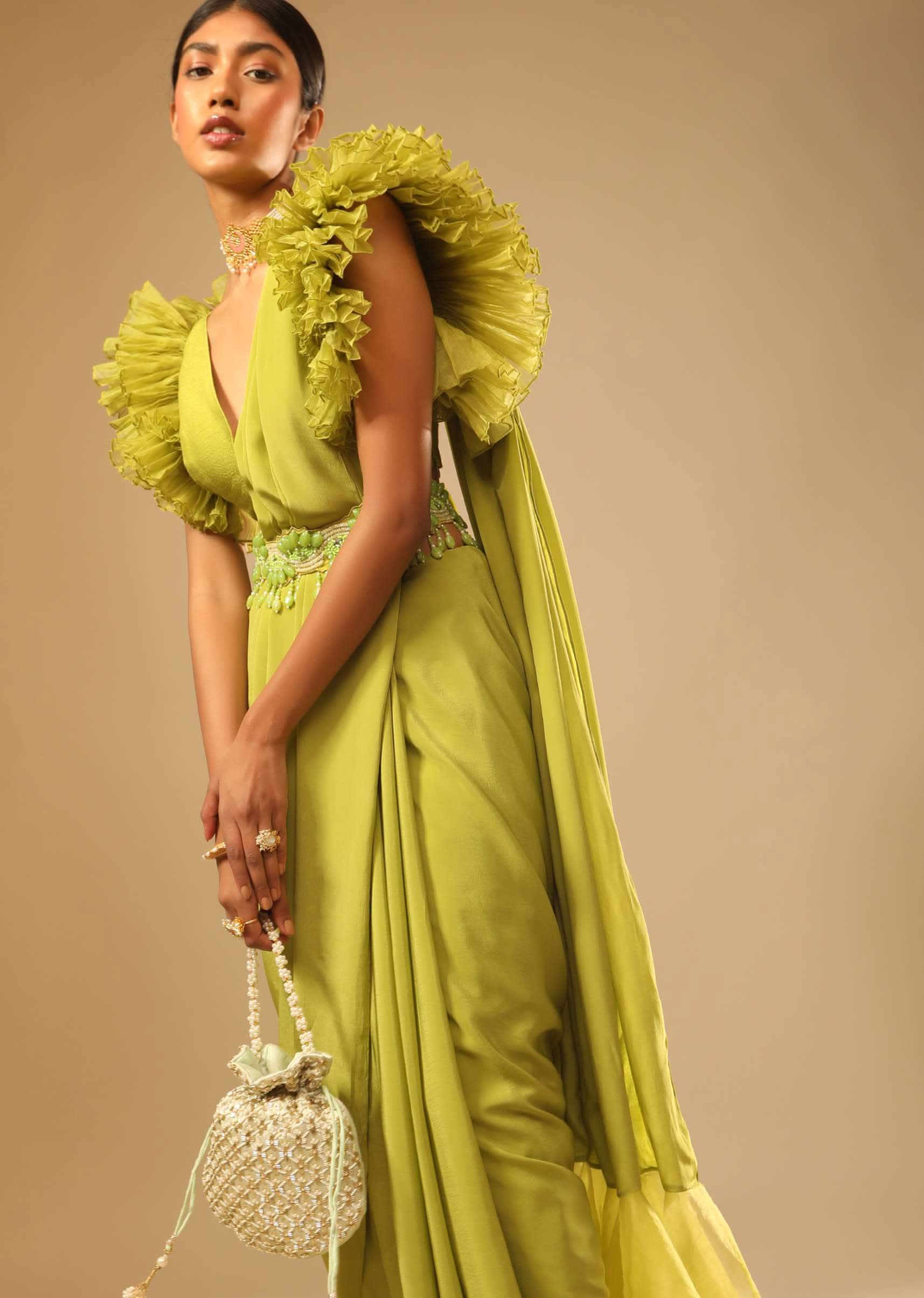 Lime Green Saree In Crepe With Elaborate Ruffle Sleeved Crop Top And Heavy Stone Embroidered Belt - Image 5
