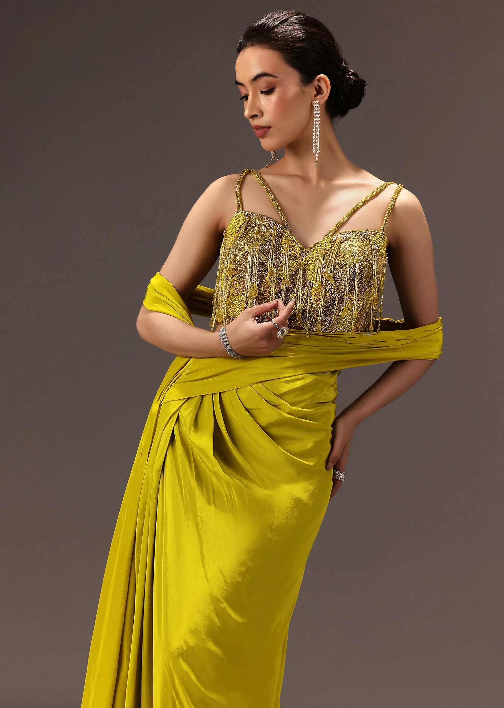 Lime Green Semi Stitched Net Saree With Embroidered Blouse - Image 3