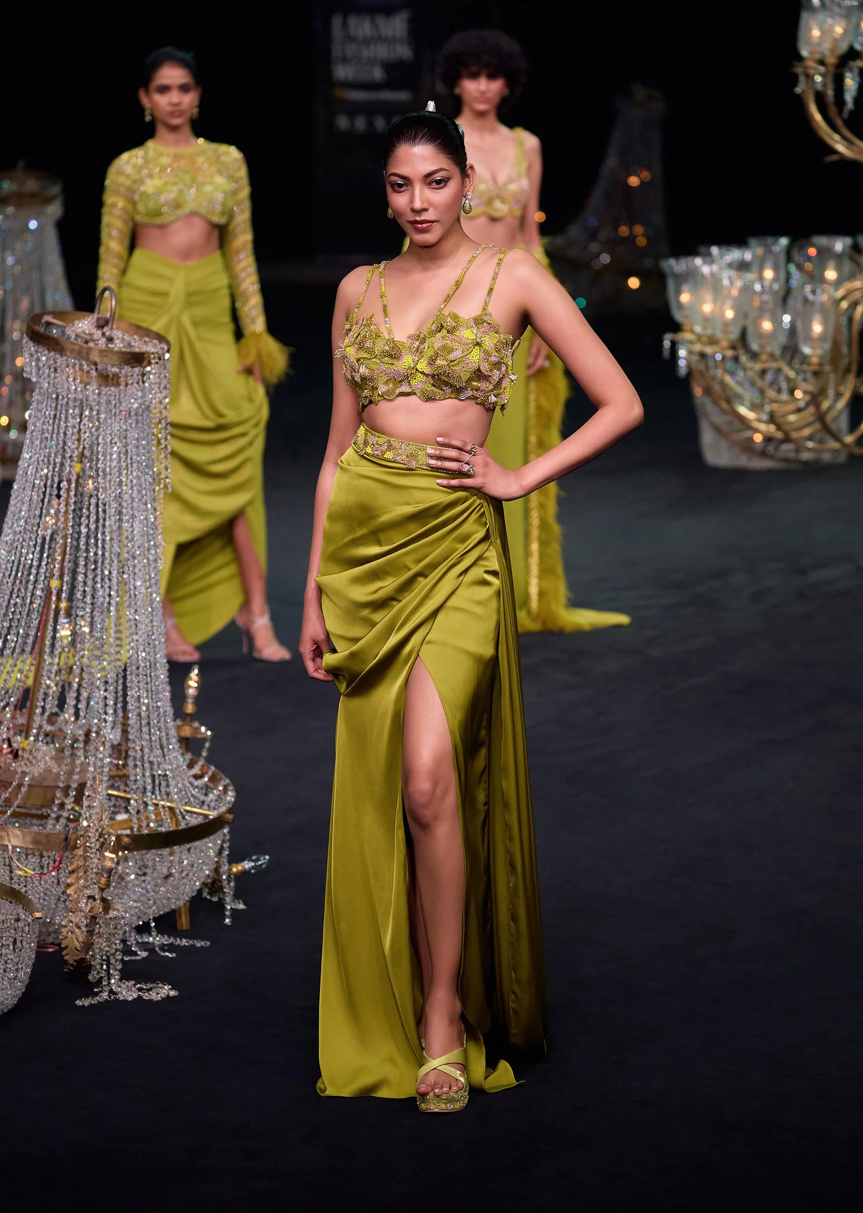 Lime Green Zardosi Draped Slit Skirt With 3D Multi Strap Blouse - Image 11