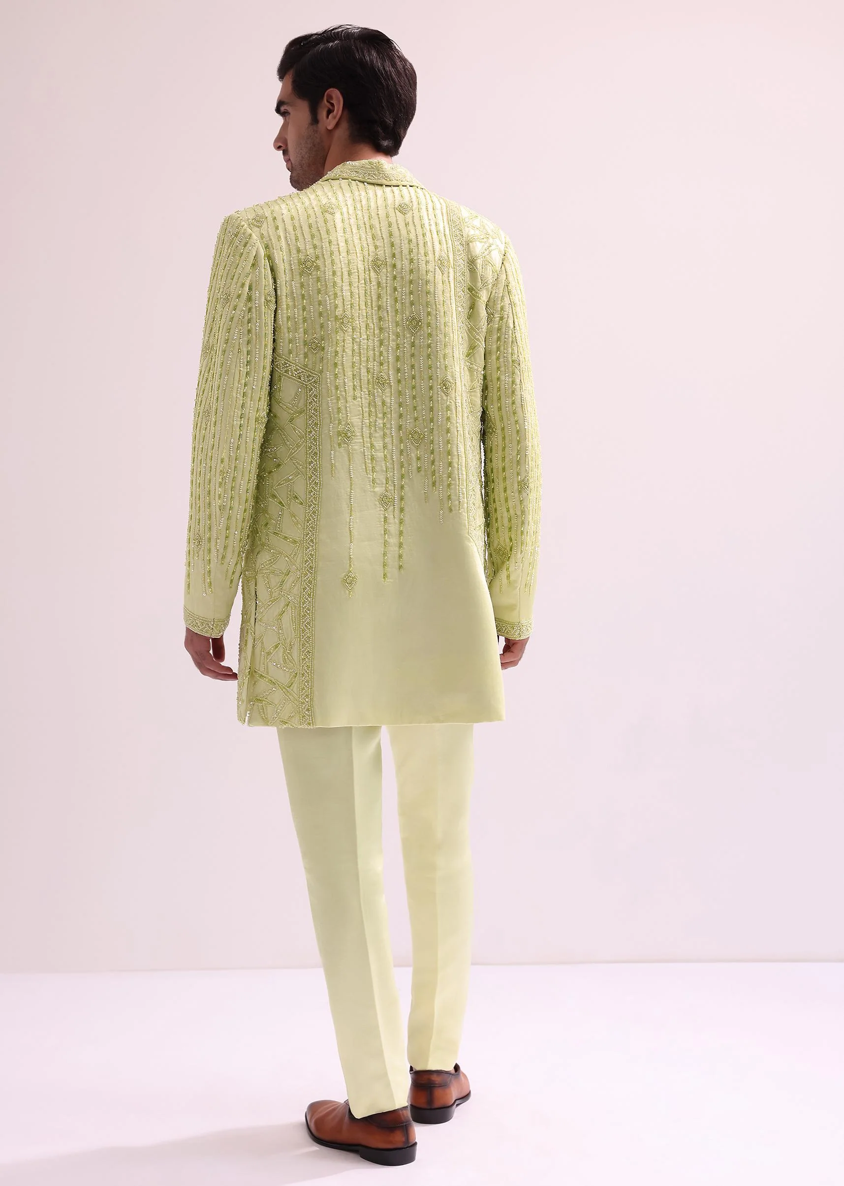 Lime Lapel Tuxedo With Butti Work Kurta And Pants - Image 5