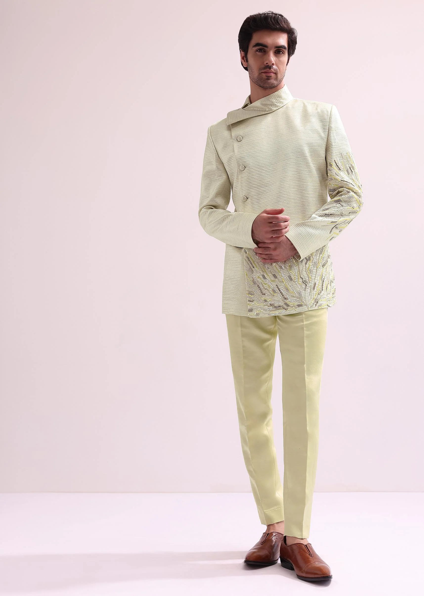 Lime Stylized Collar Pre Pleated Bandhgala With Pants - Image 2