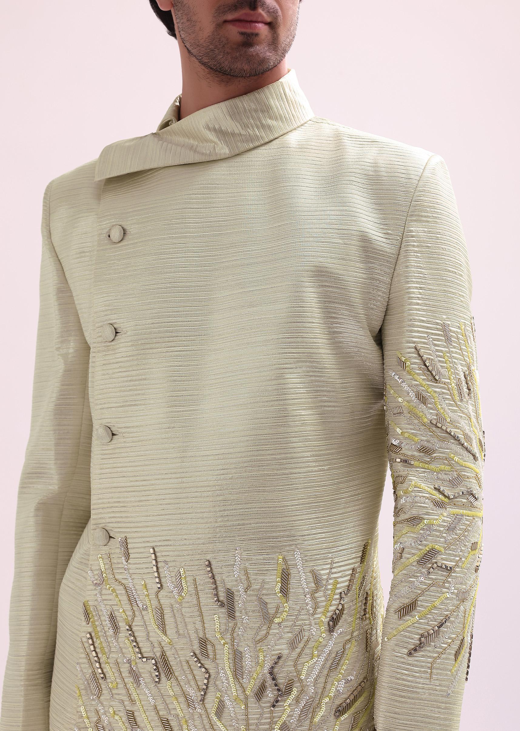 Lime Stylized Collar Pre Pleated Bandhgala With Pants - Image 3