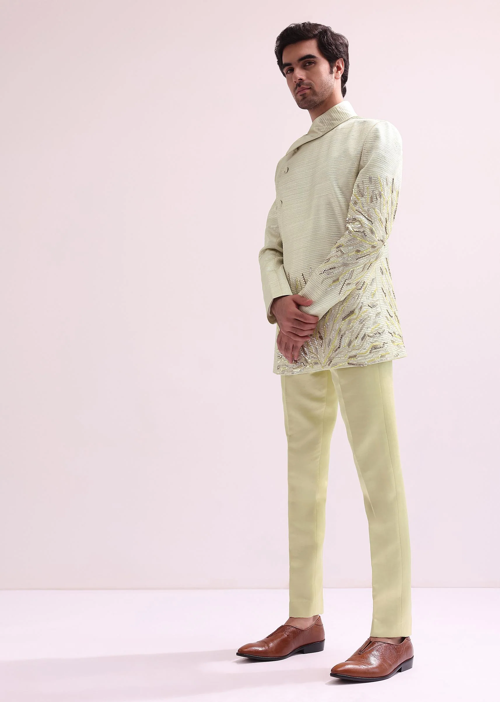 Lime Stylized Collar Pre Pleated Bandhgala With Pants - Image 4