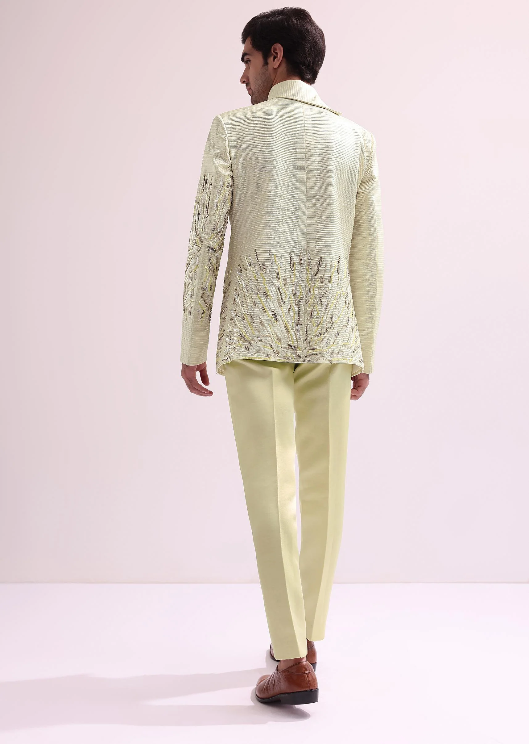Lime Stylized Collar Pre Pleated Bandhgala With Pants - Image 5