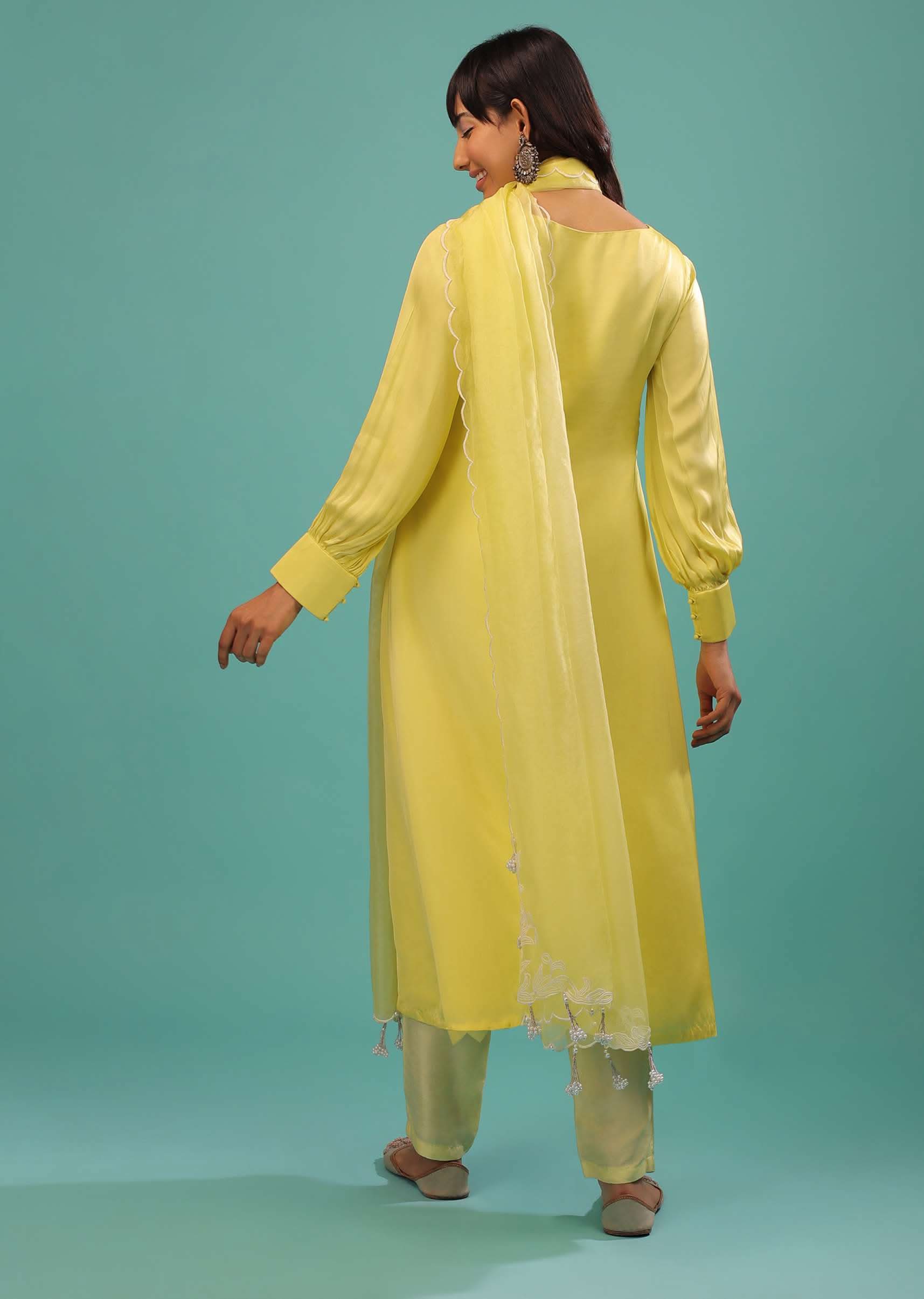 Lime Yellow Bemberg Silk A Line Suit In Organza - Image 5