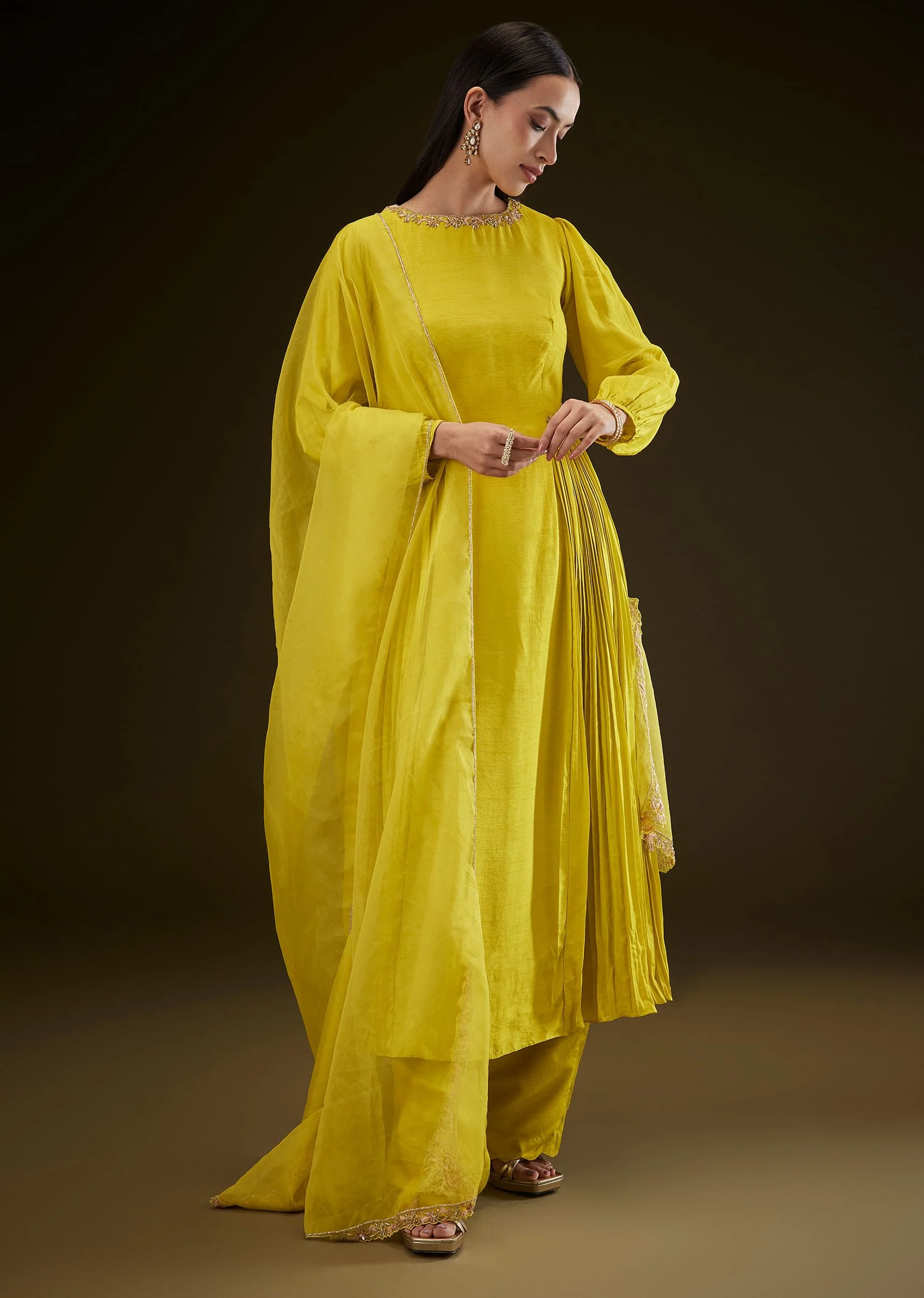 Lime Yellow Kurta With Ruching And Handwork - Image 3