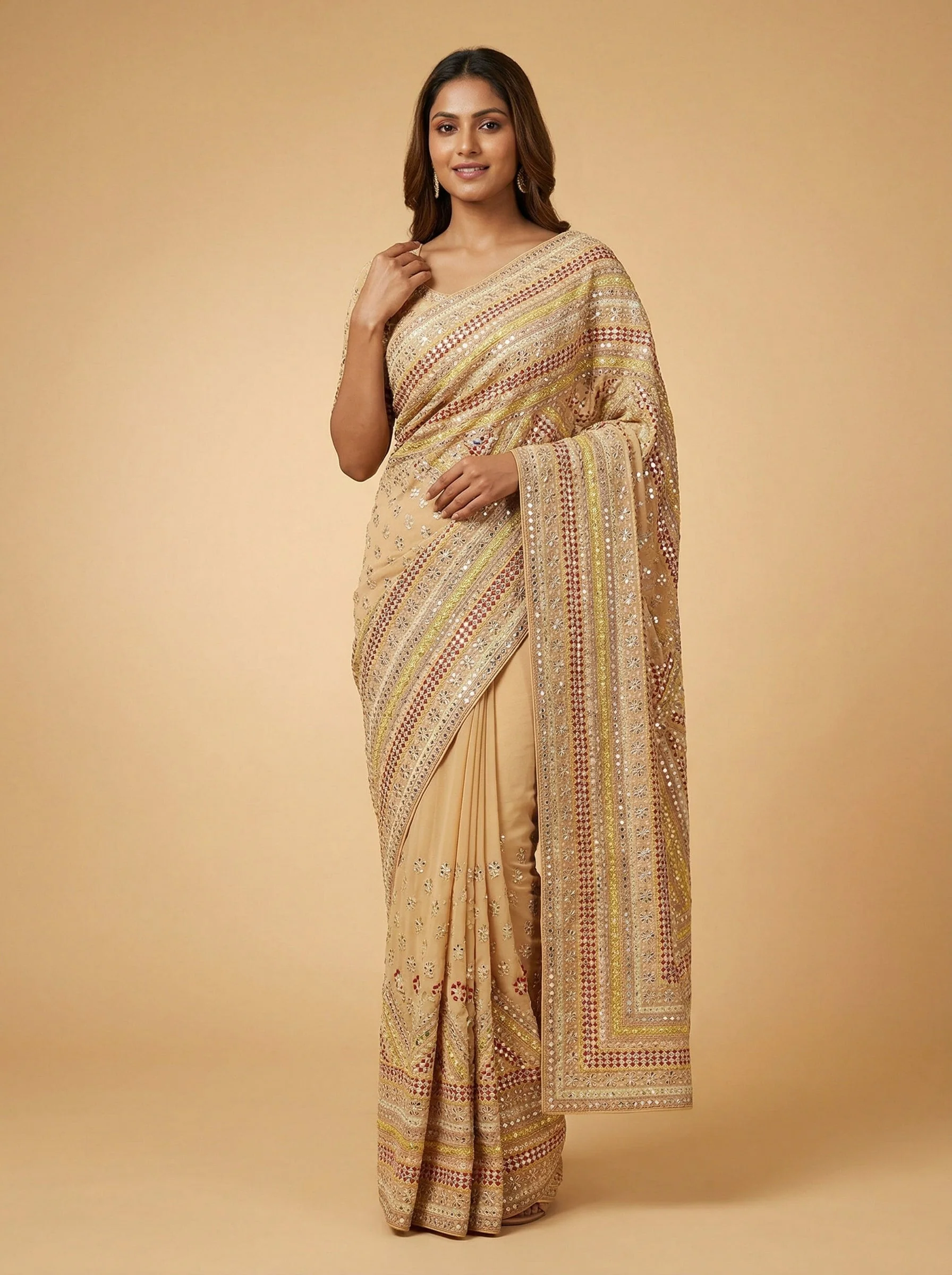 Linen Bisque Beige Embroidered Saree