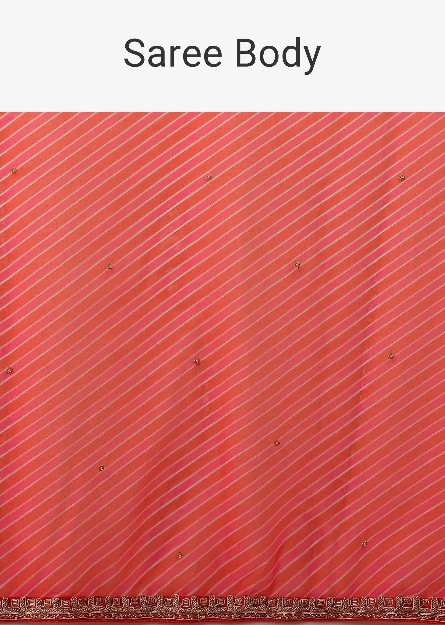 Magenta And Hibiscus Leheriyan Print Saree, Crafted In Organza With Moti Floral Embroidery Buttis - Image 6