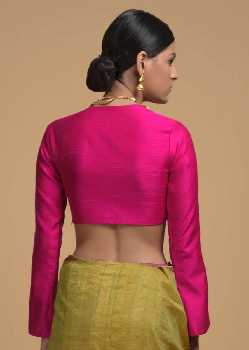 Magenta Blouse In Raw Silk WIth V Neckline And Full Sleeves - Image 2