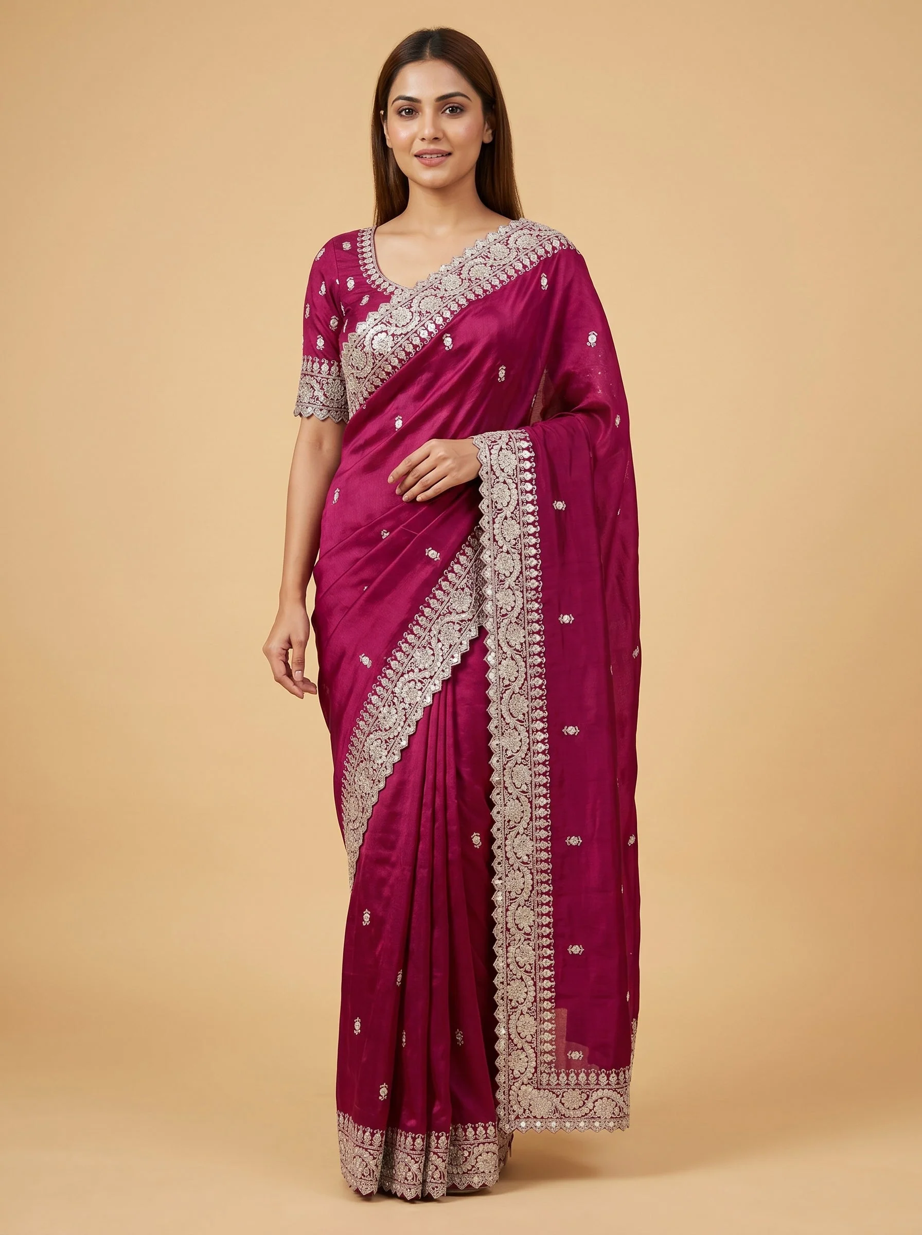 Magenta Bold Fuchsia Embroidered Saree