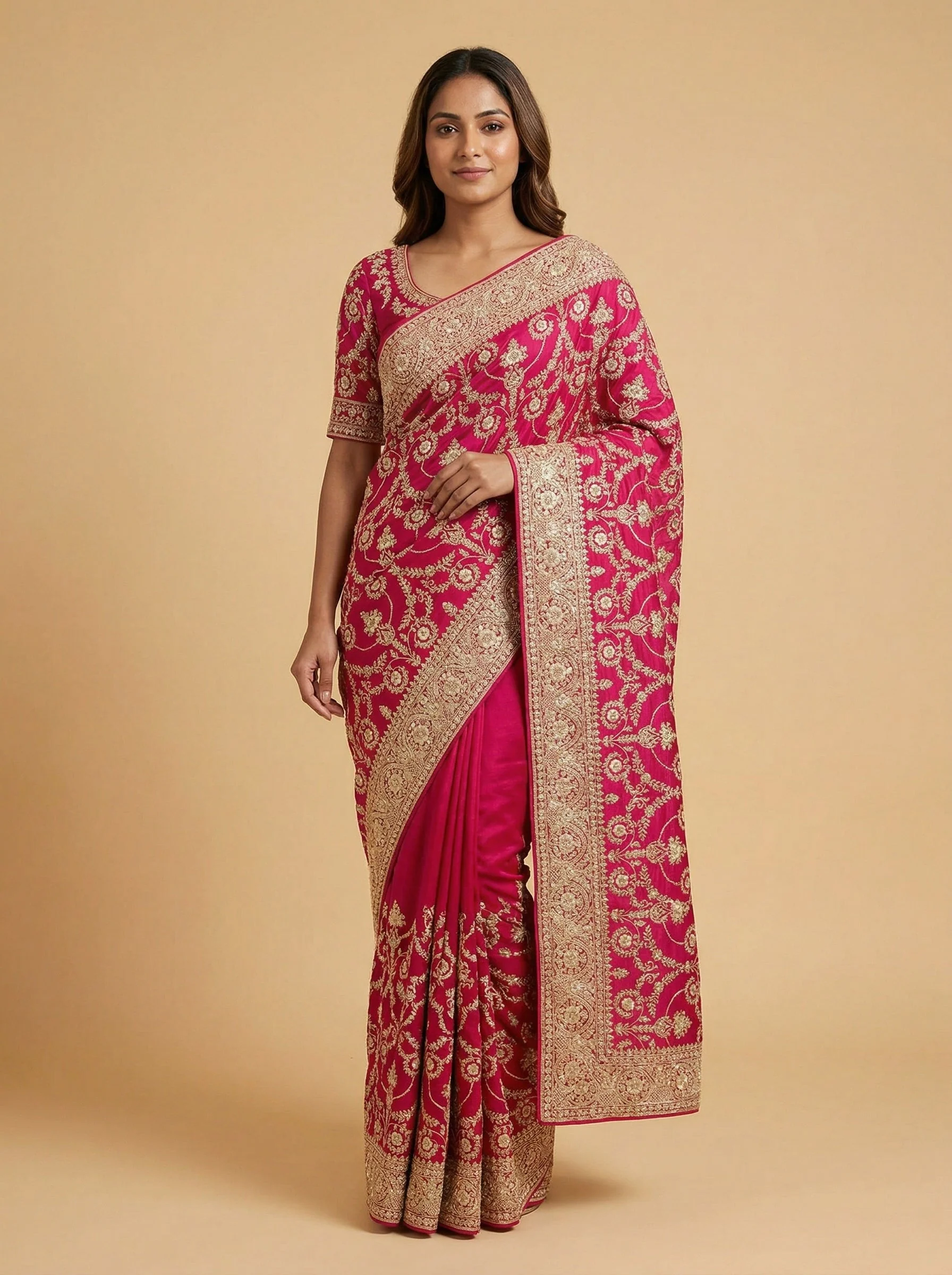 Magenta Bold-Tone Embroidered Saree