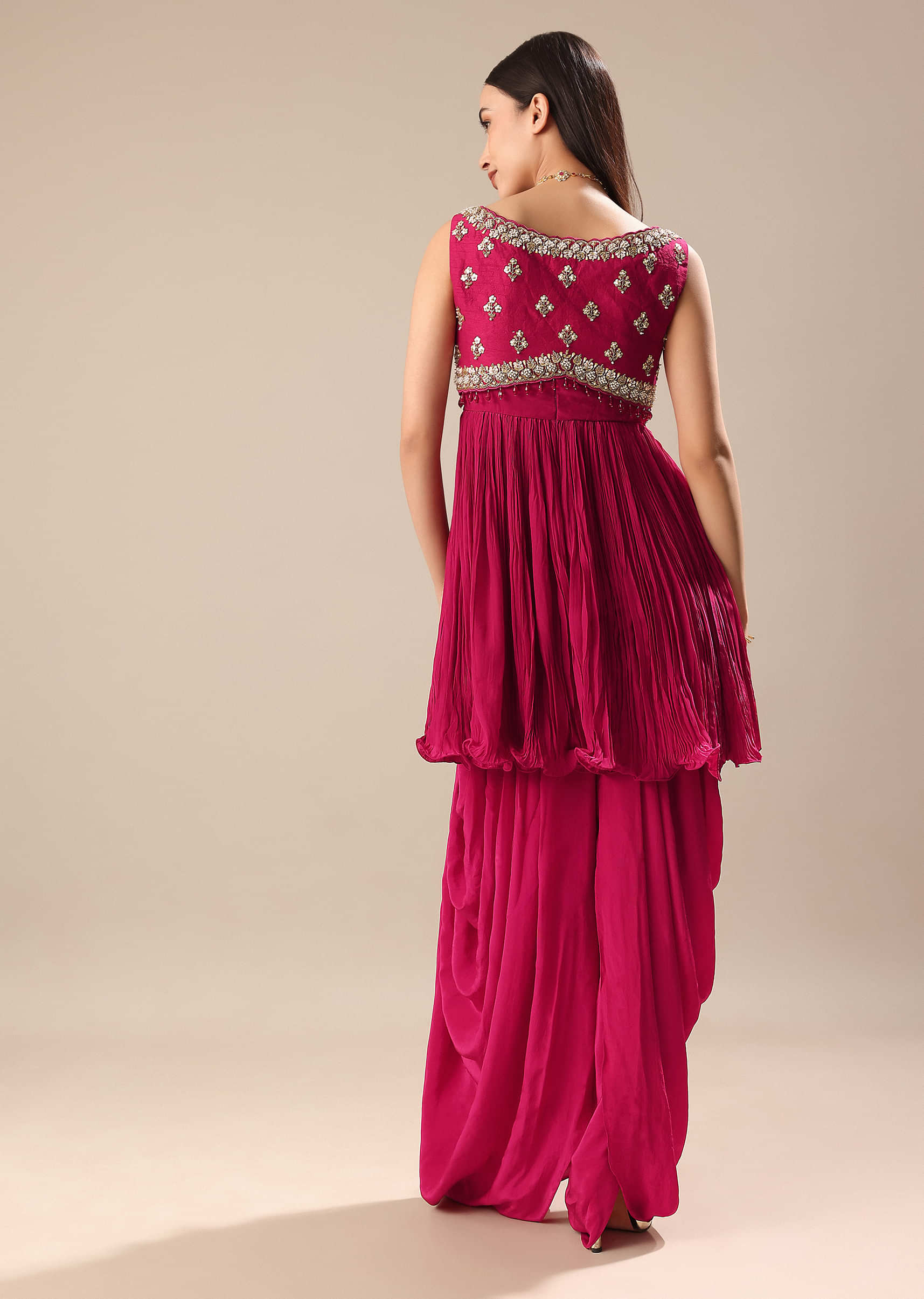 Magenta Crepe Dhoti With Embroidered Blouse And Koti - Image 5