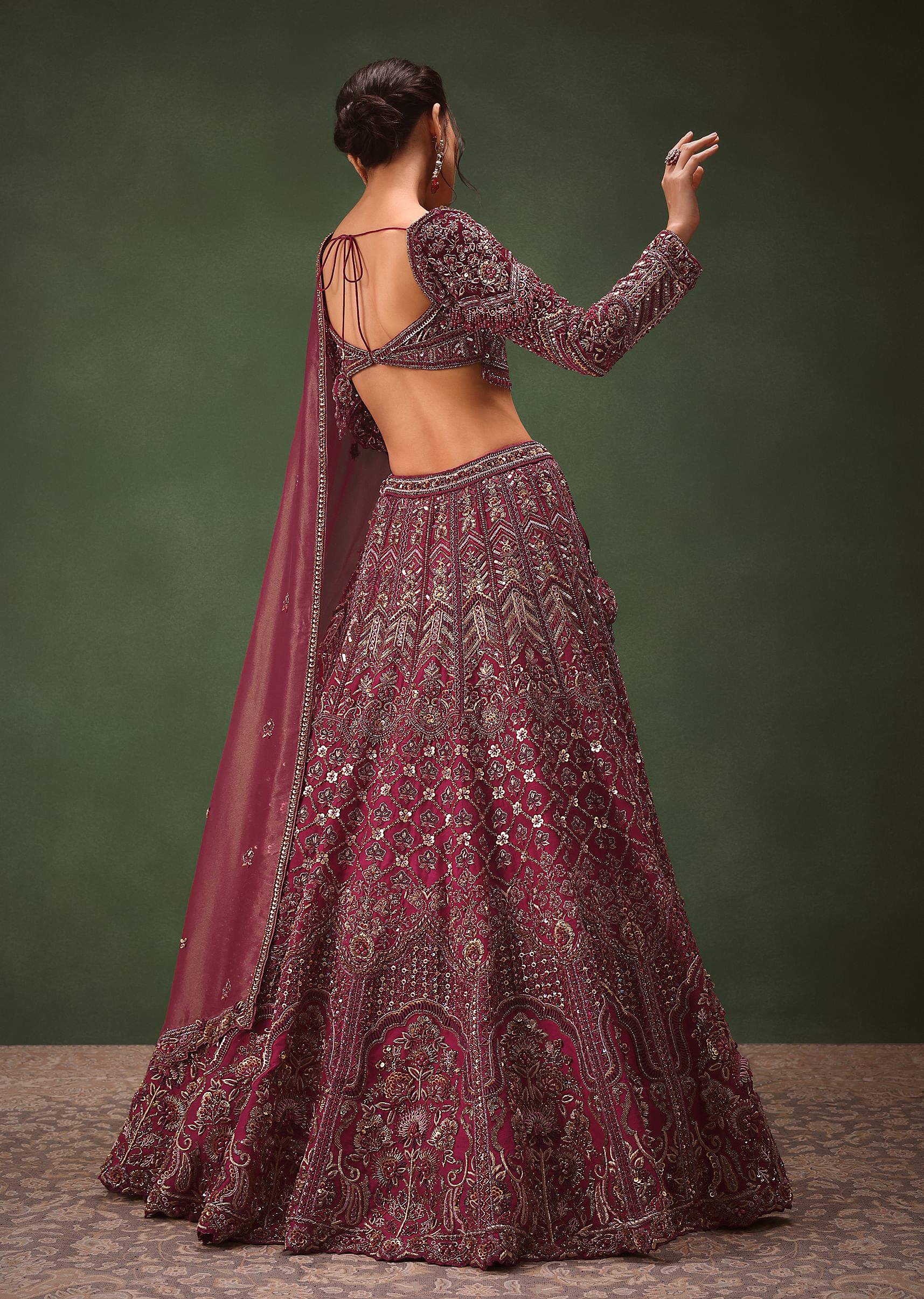 Magenta Embroidered Bridal Lehenga With Full Sleeves Blouse And Dupatta - Image 6