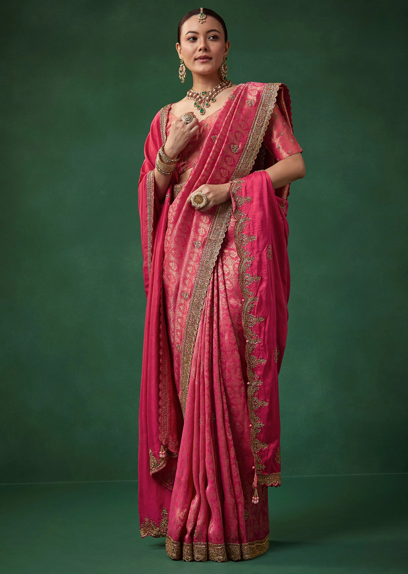 Magenta Embroidered Jacquard Border Saree with Unstitched Blouse