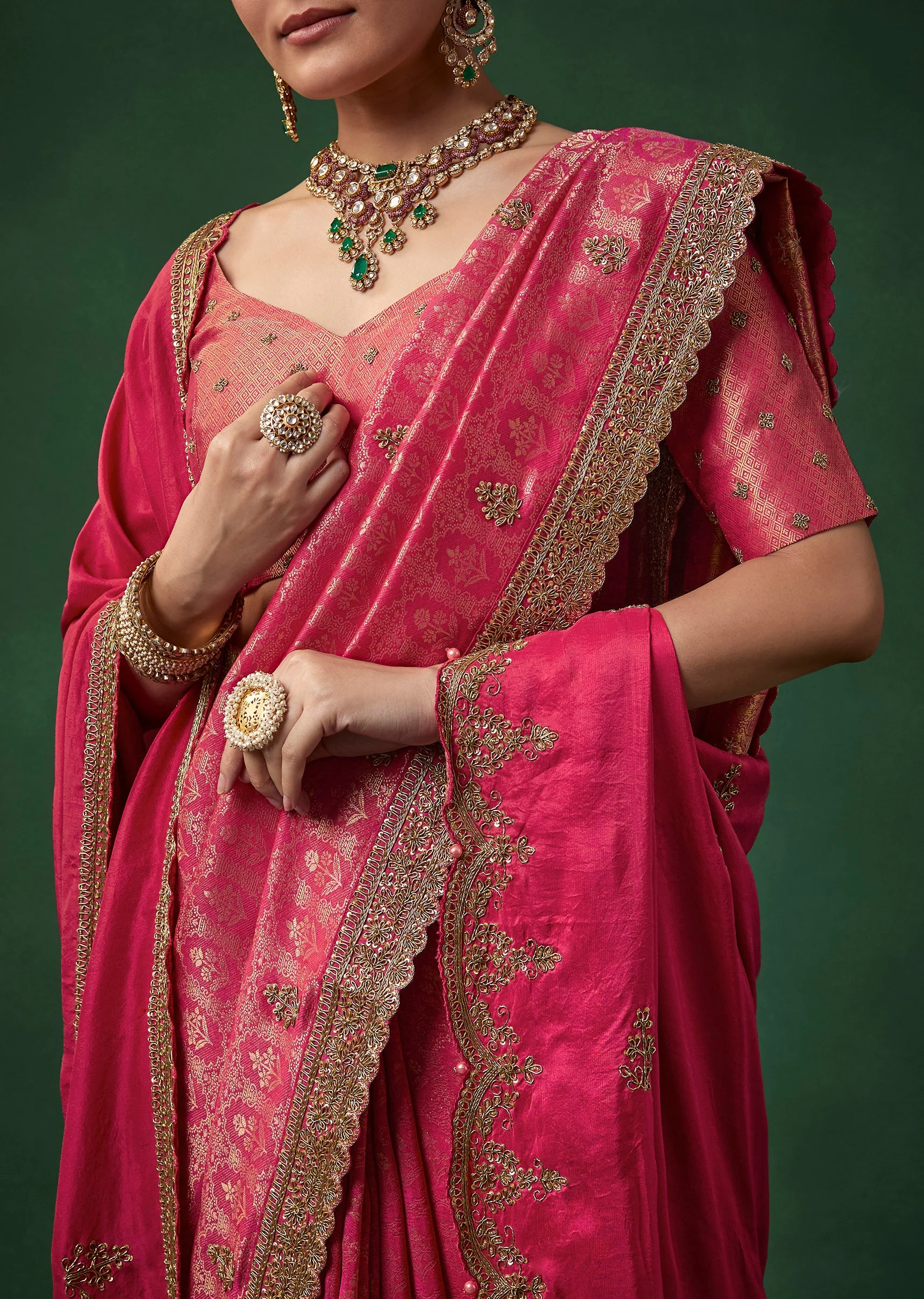 Magenta Embroidered Jacquard Border Saree with Unstitched Blouse - Image 2