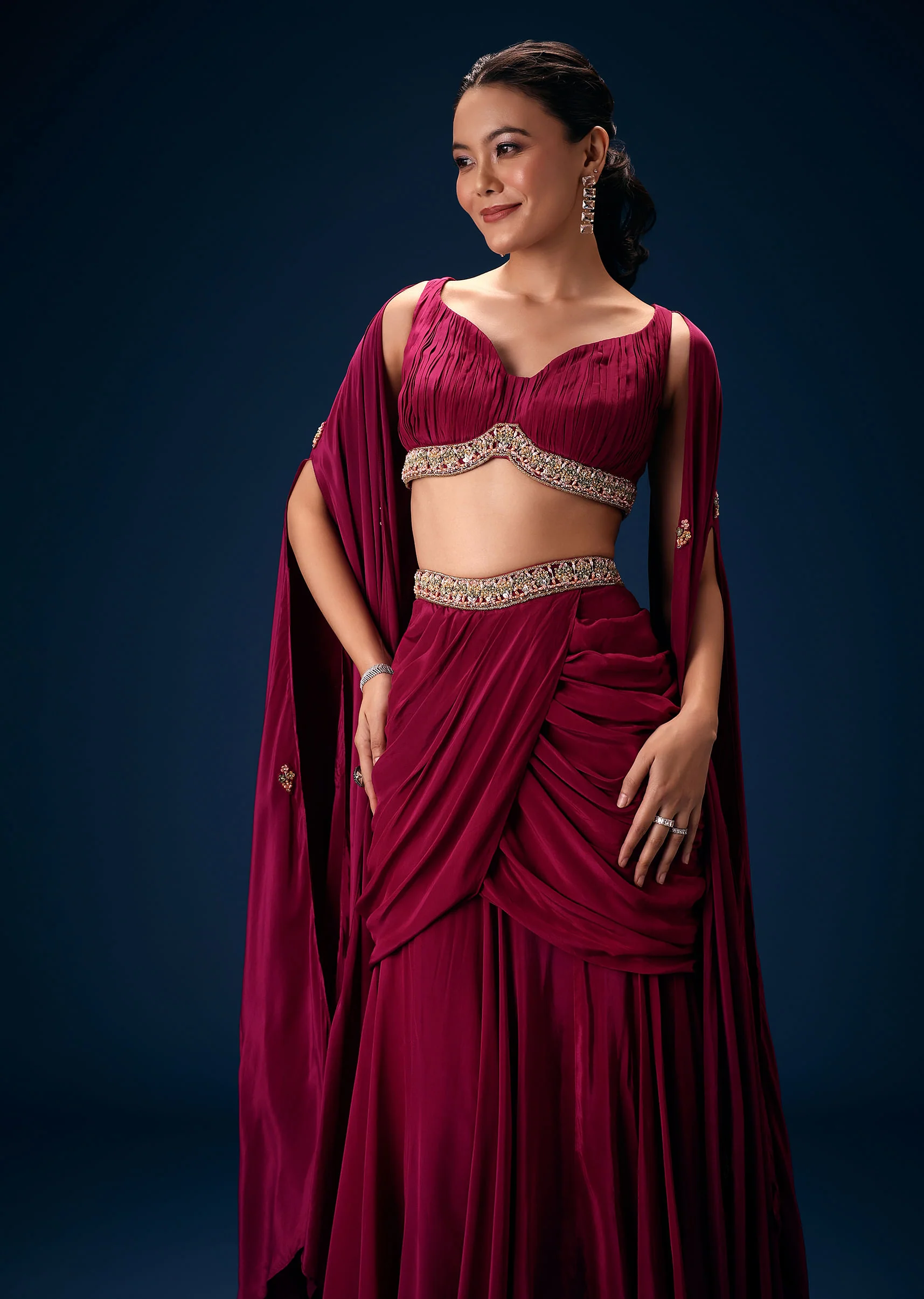 Magenta Fish Cut Draped Skirt With Hand Embroidered Blouse And Choker Dupatta - Image 4