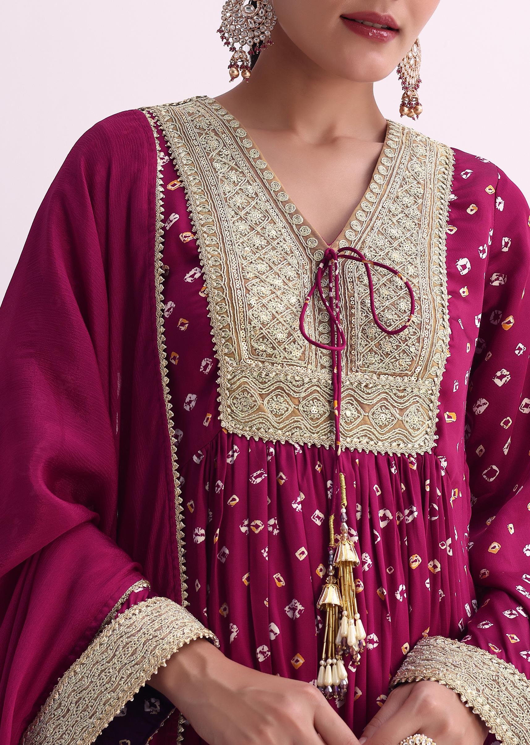 Magenta Pink Bandhani Print Kurti Pant Set With Dupatta - Image 3