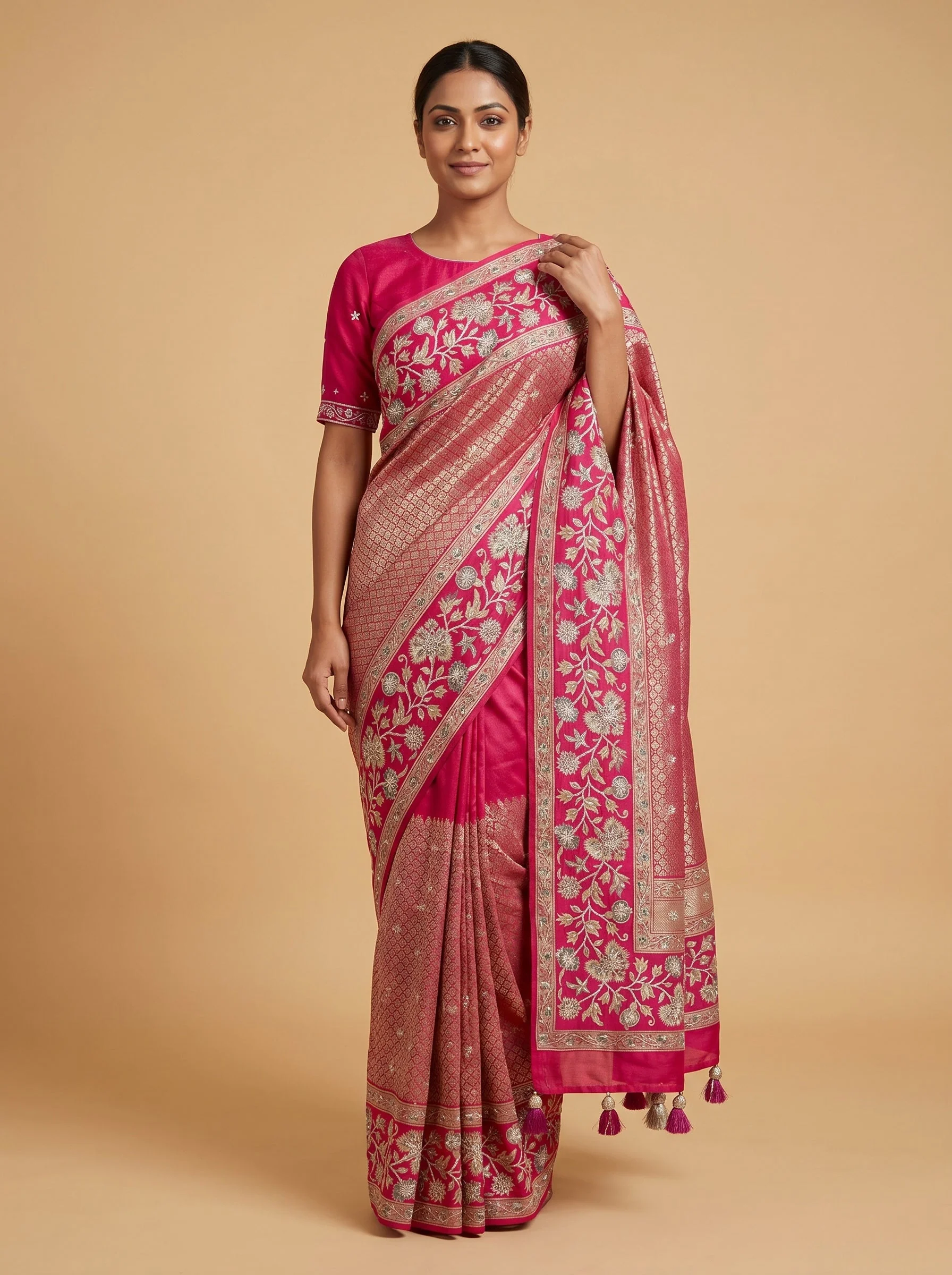 Magenta Pink Fuchsia Bloom Embroidered Saree
