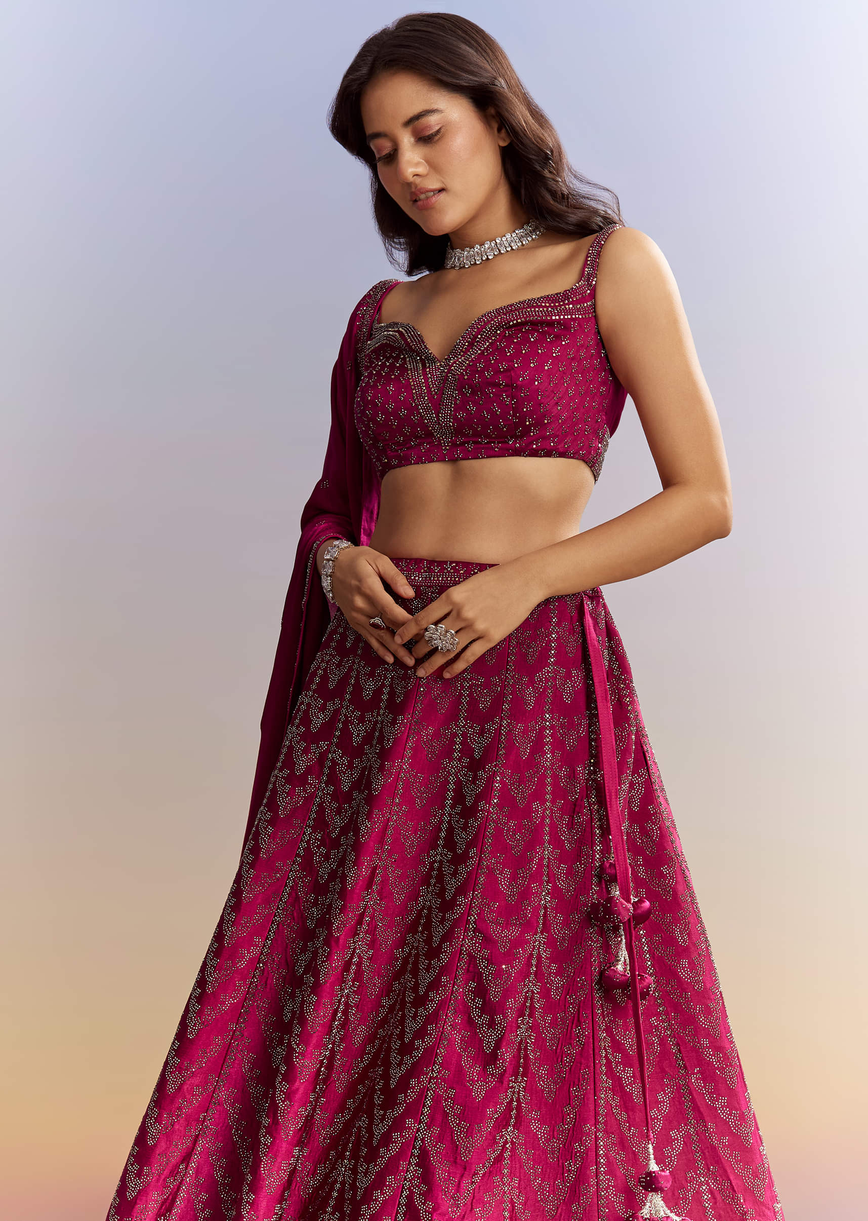 Magenta Pink Satin Bridesmaid Lehenga With Stone Work - Image 5
