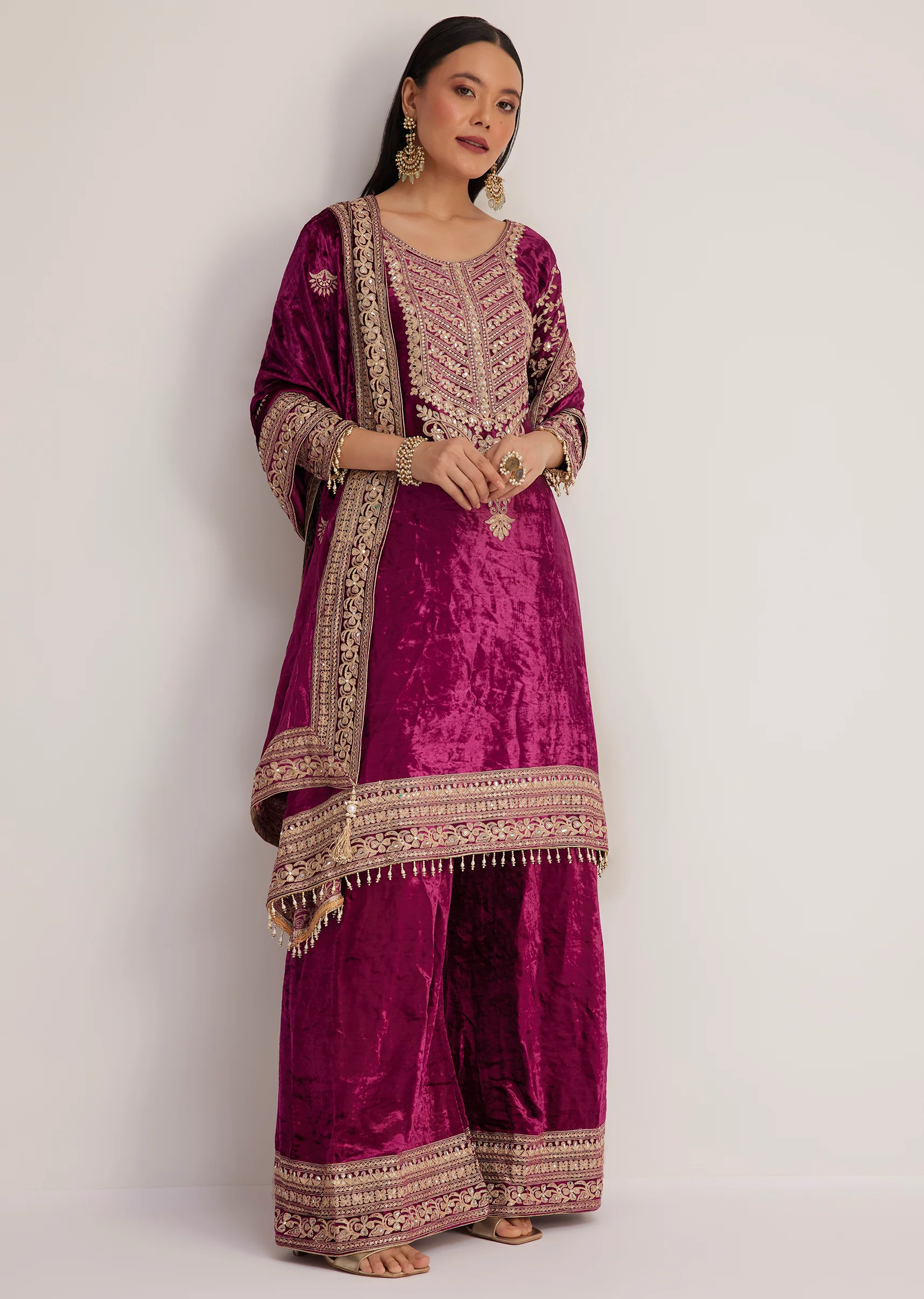 Magenta Pink Velvet Embroidered Palazzo Suit - Image 4