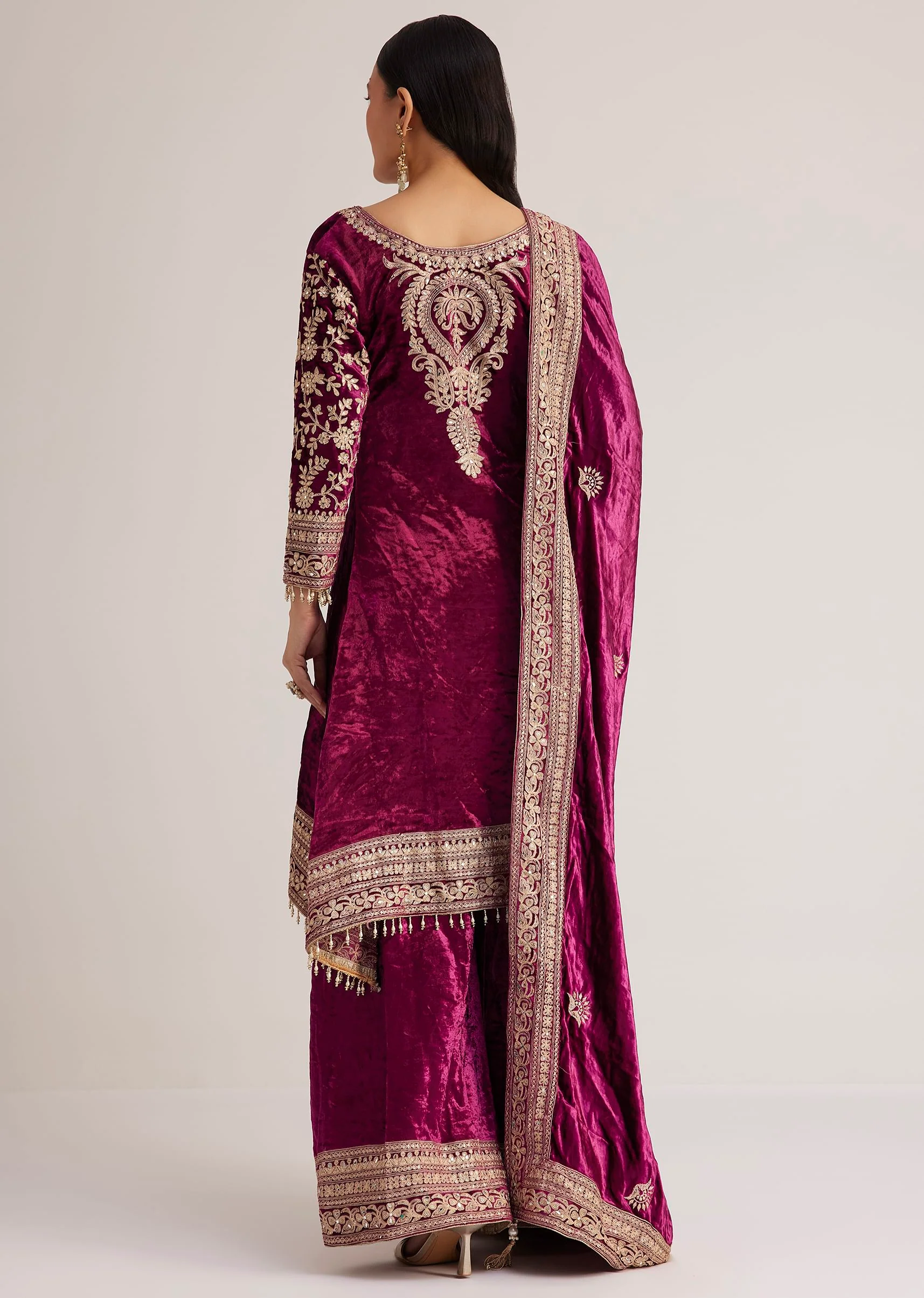 Magenta Pink Velvet Embroidered Palazzo Suit - Image 5