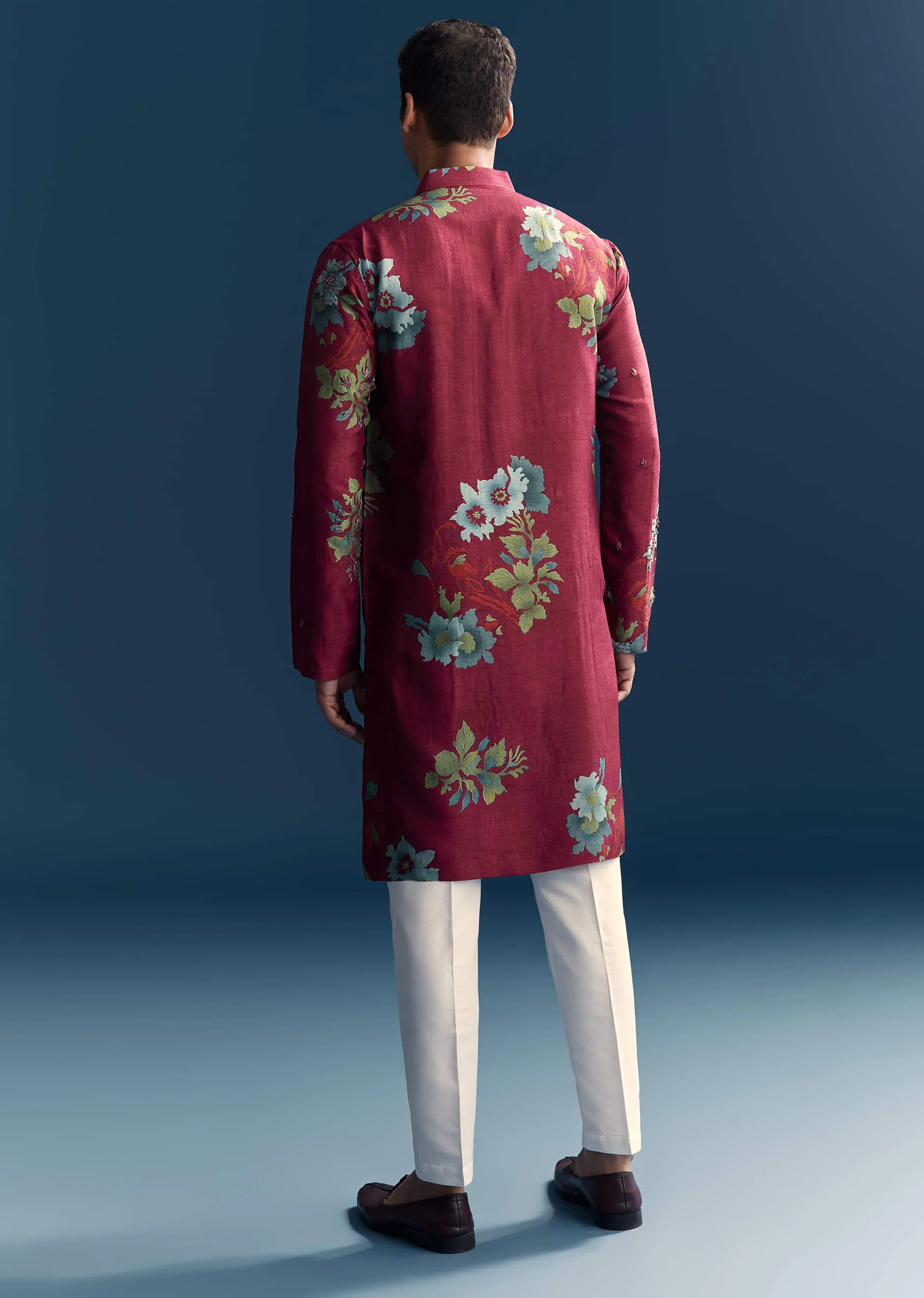 Magenta Silk Kurta Set For Men With Heavy Hand Work - Image 5