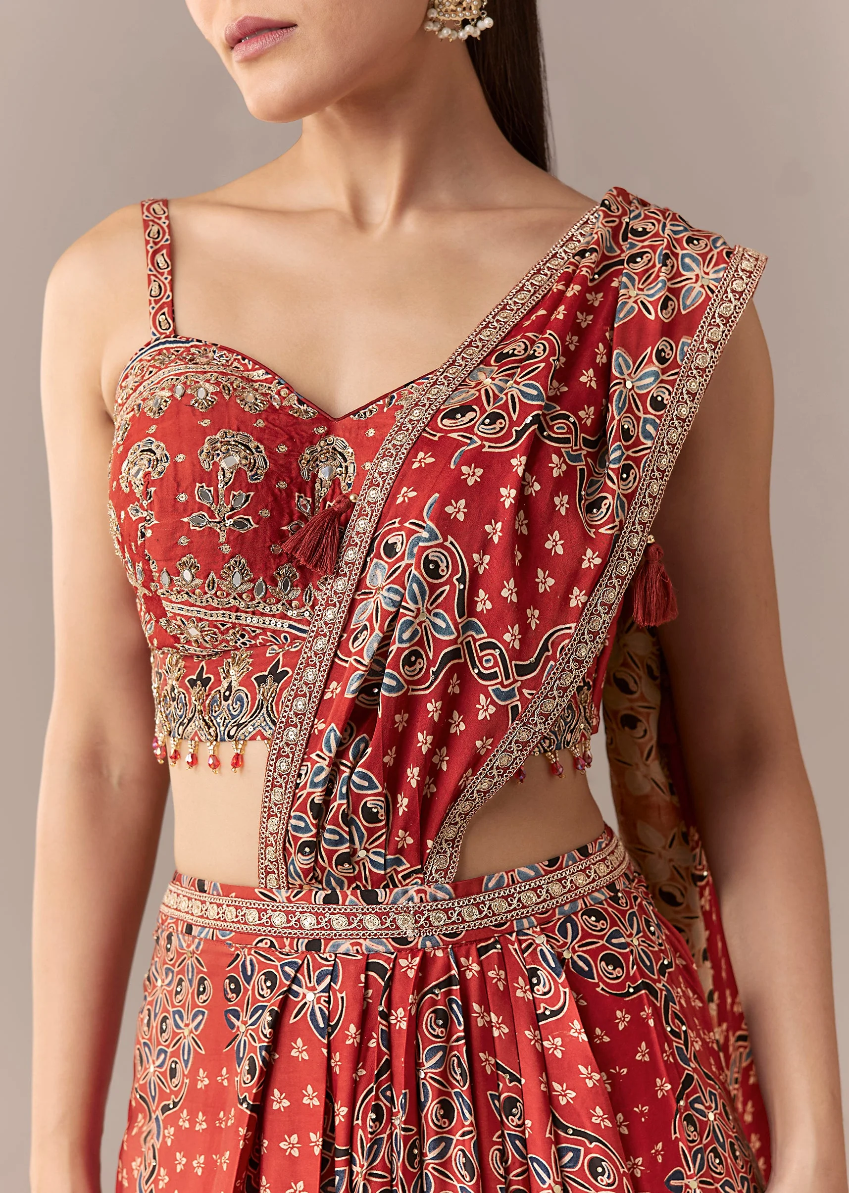 Maroon Ajrakh Pre Draped Saree Set With Mirror Work Blouse - Image 2