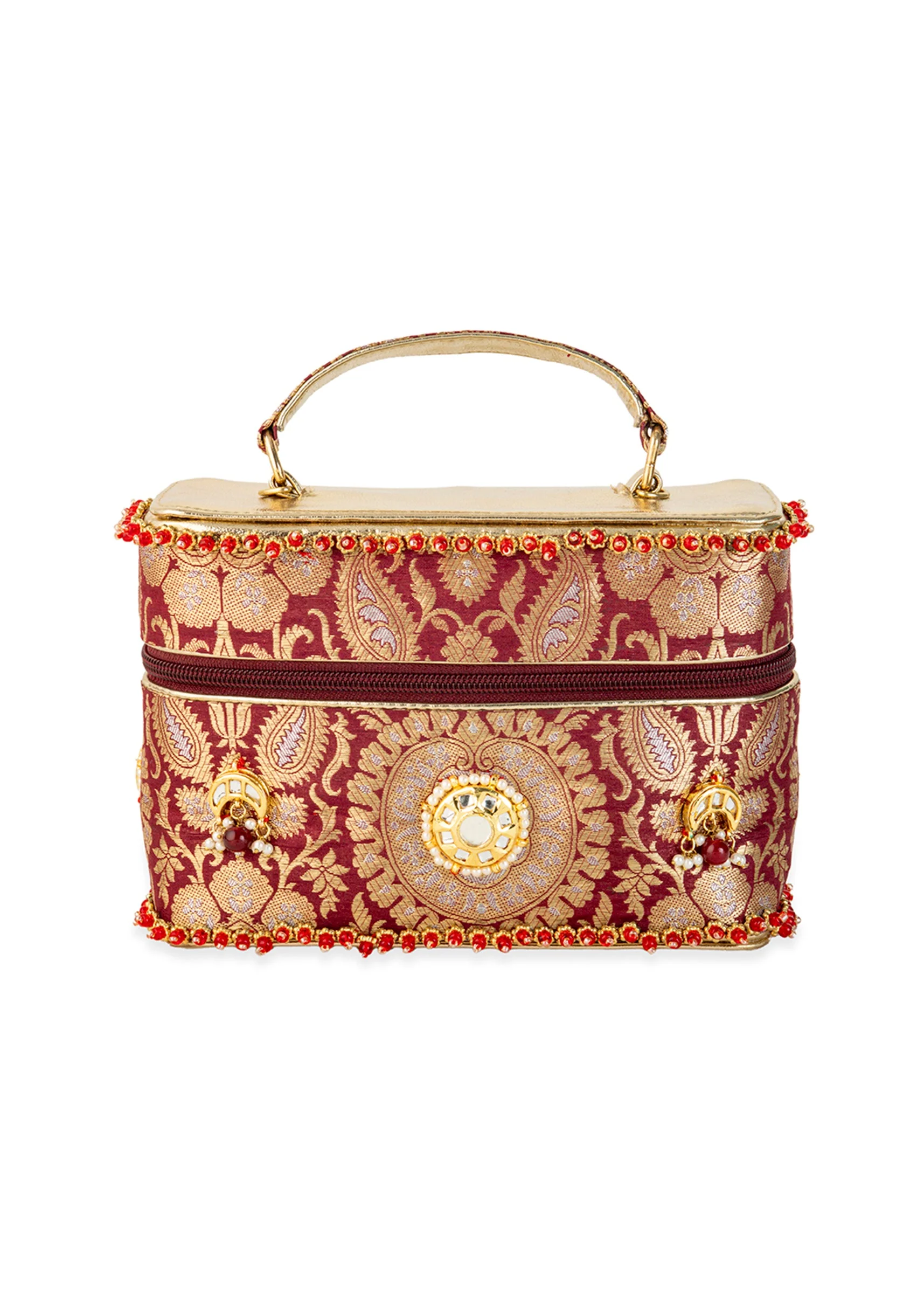 Maroon and Gold Floral Motif Brocade Silk Bag - Image 2