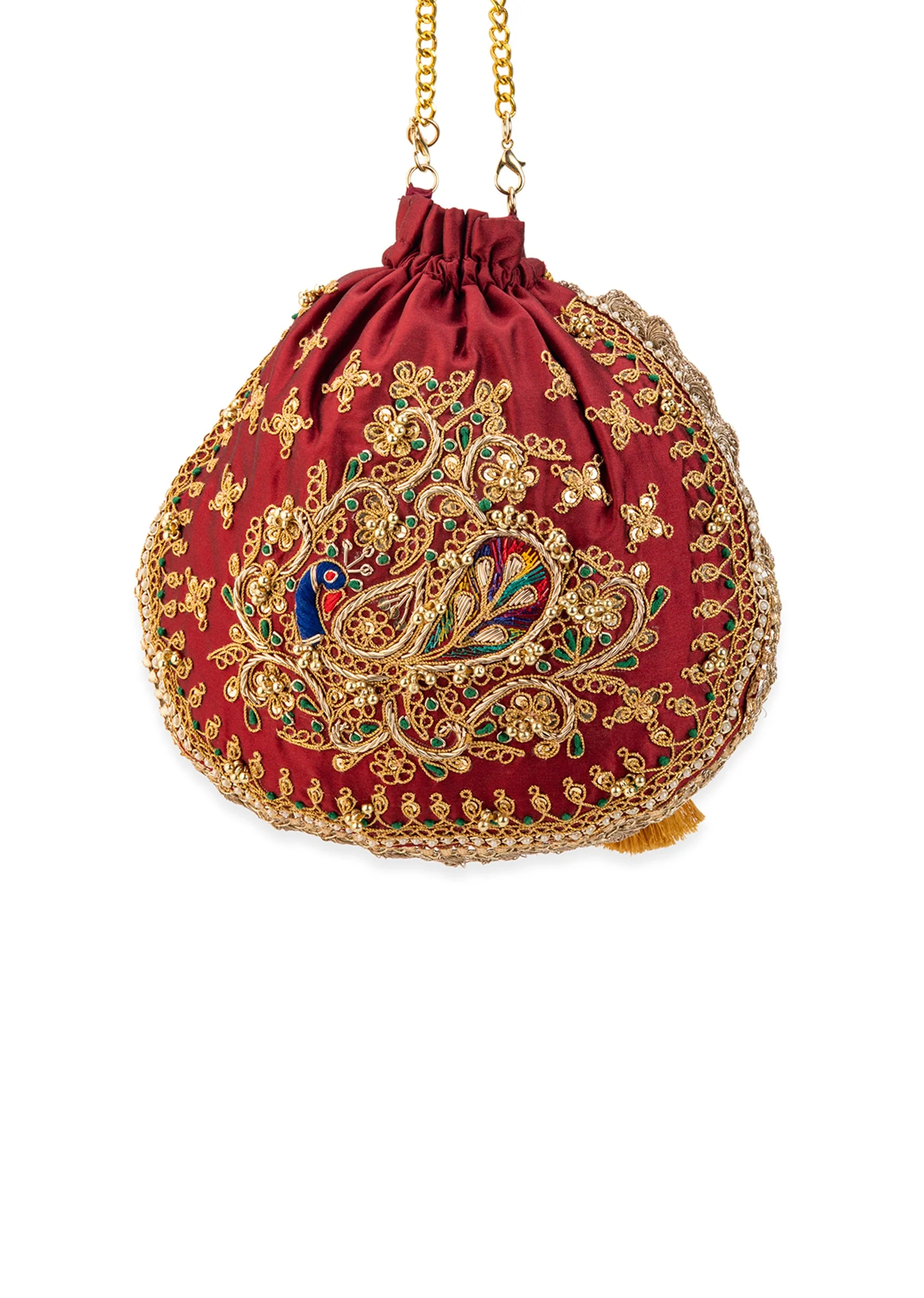Maroon and Gold Silk Peacock Motif Embroidered Potli Bag - Image 4
