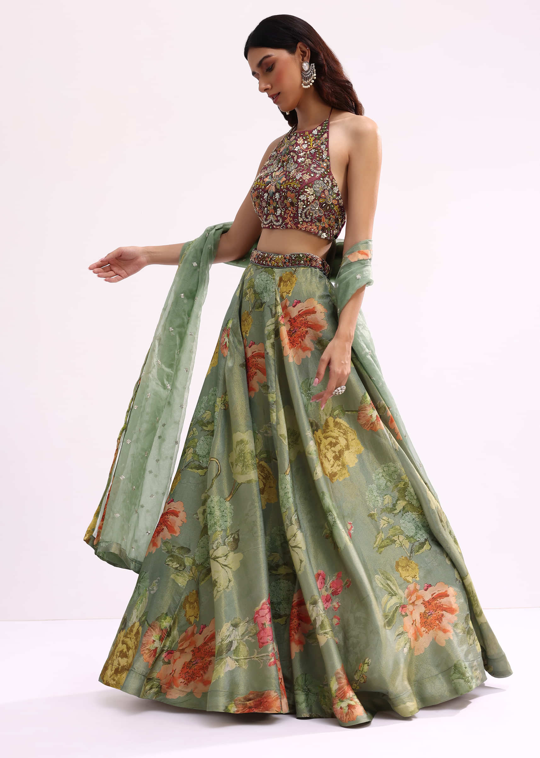 Maroon And Green Embroidered Tissue Lehenga Choli Set - Image 3