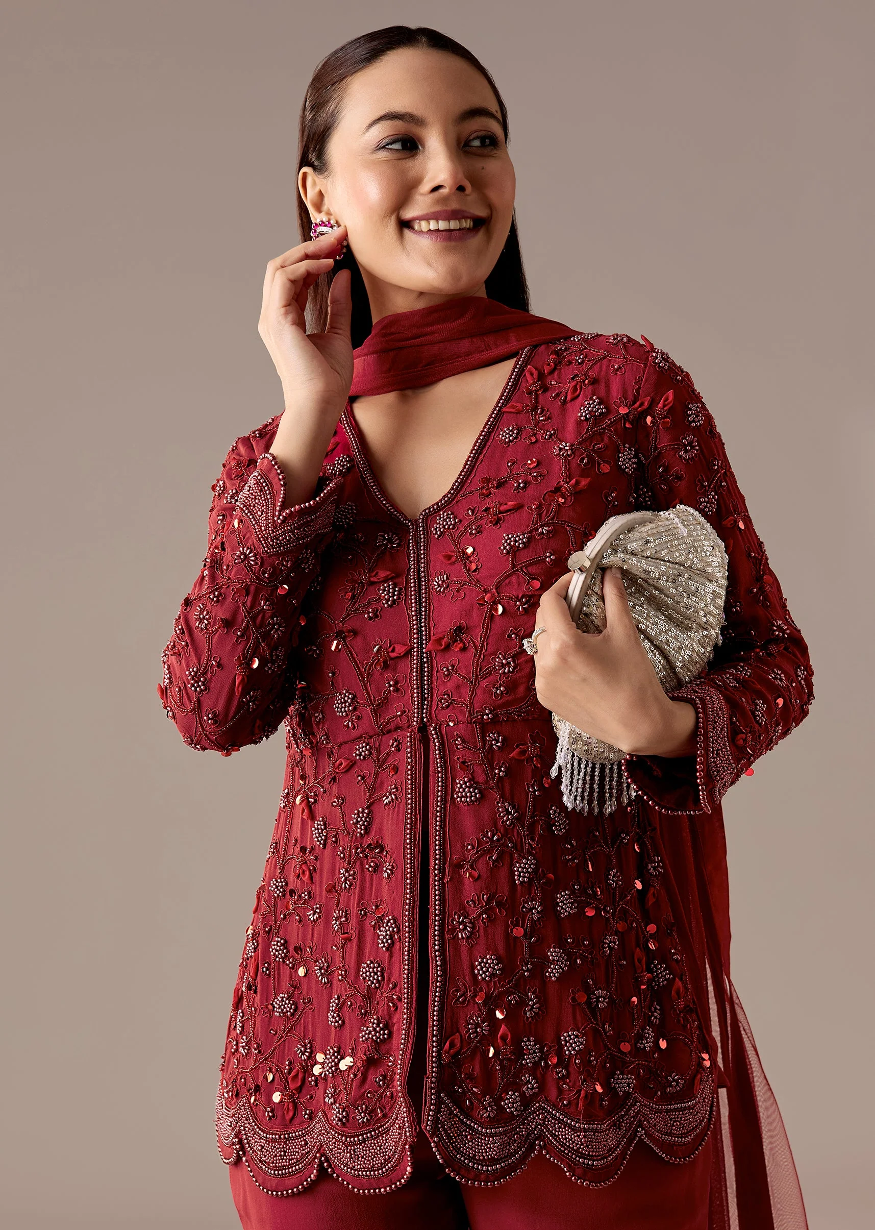 Maroon Beaded Peplum Sharara Set - Image 4