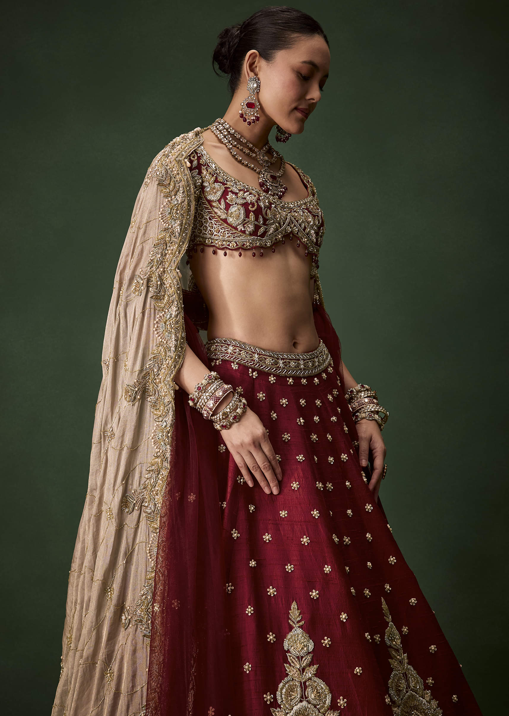 Maroon Bridal Patchwork Silk Lehenga Set with Two Dupattas - Image 5