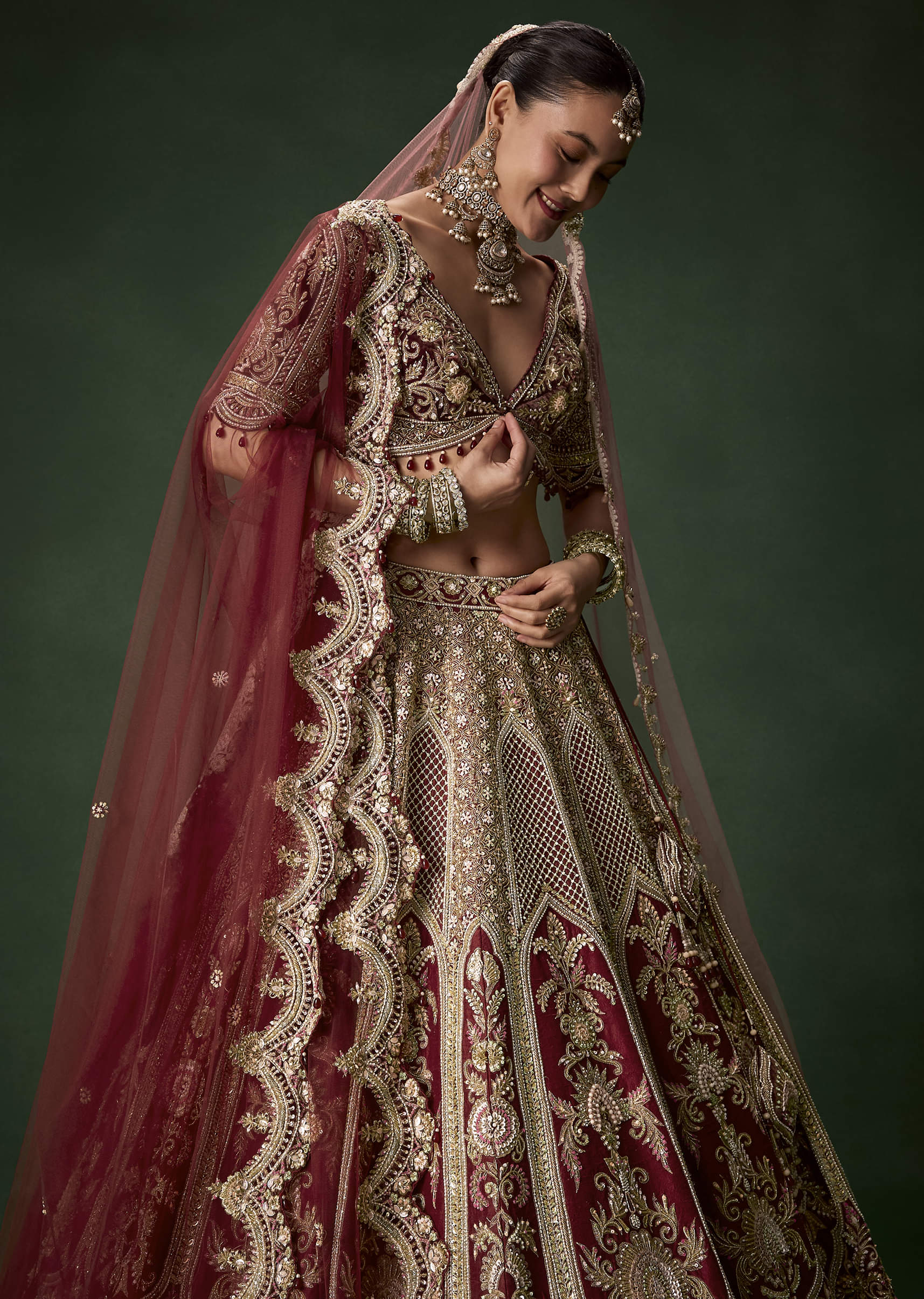 Maroon Bridal Silk Sequin Lehenga Set with Two Dupattas - Image 5