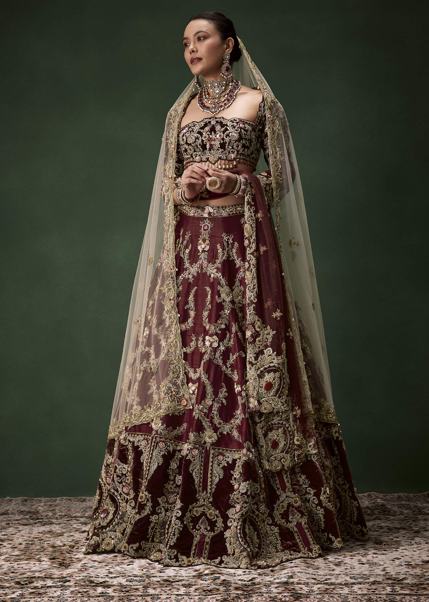 Maroon Bridal Silk Zardozi Lehenga Set with Two Dupattas