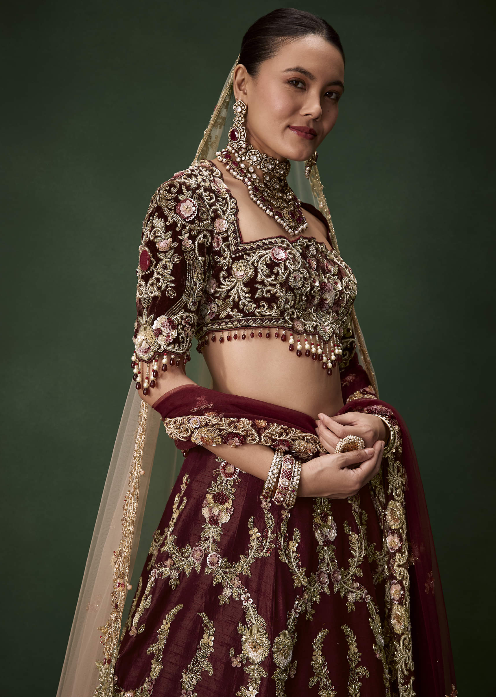 Maroon Bridal Silk Zardozi Lehenga Set with Two Dupattas - Image 3