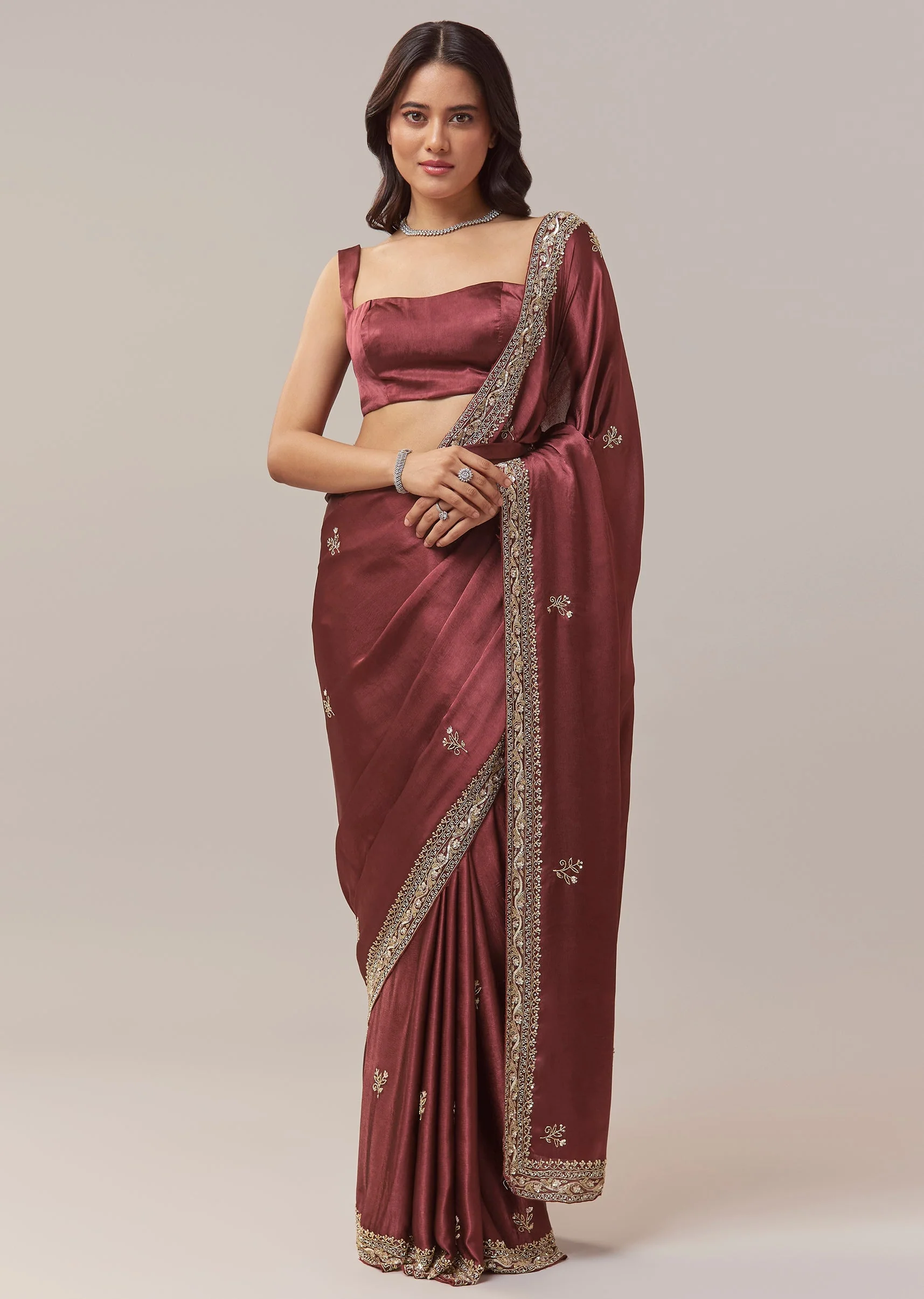 Maroon Chinnon Saree With All Over Butti And Heavy Embroidered Border - Image 3