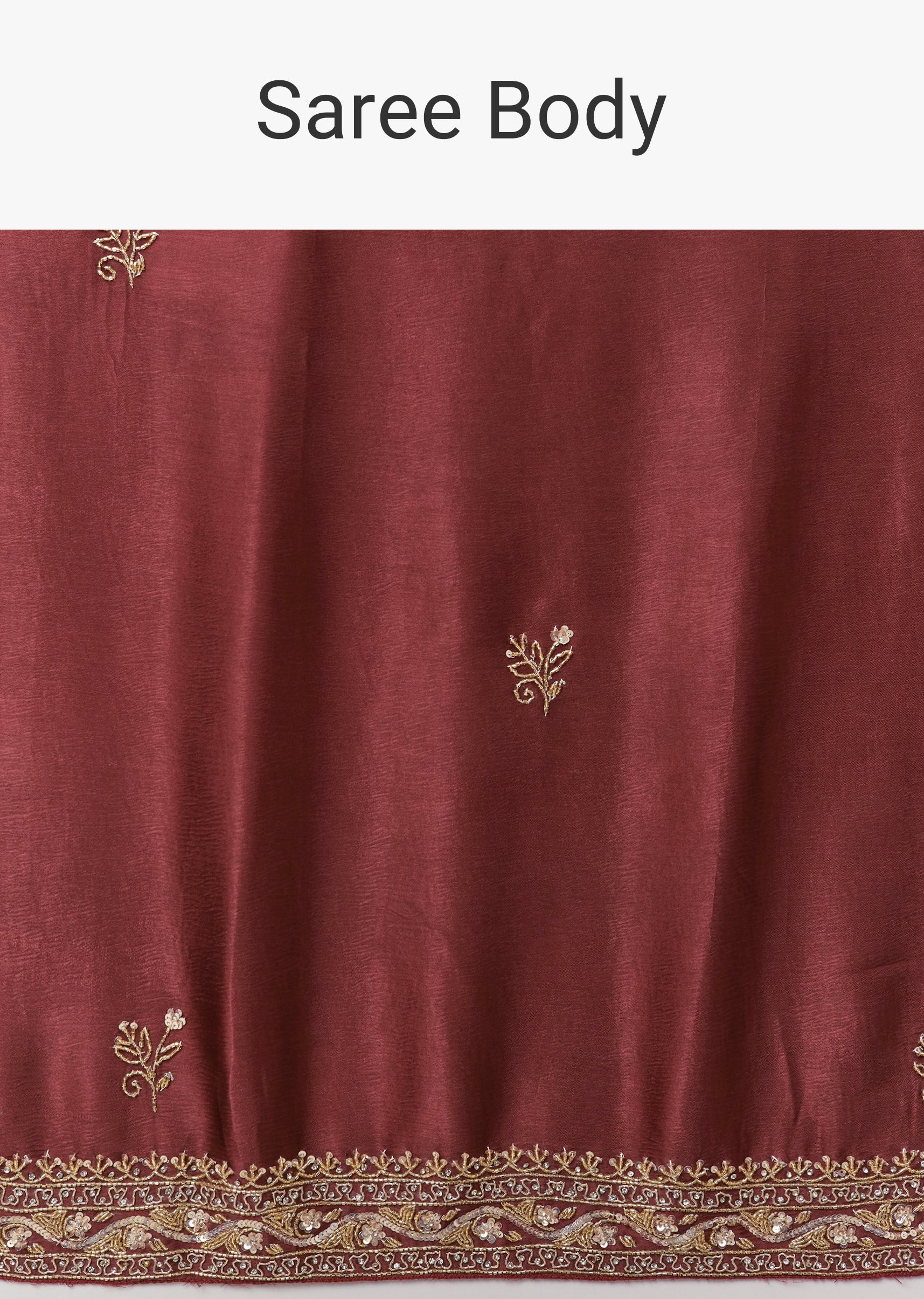 Maroon Chinnon Saree With All Over Butti And Heavy Embroidered Border - Image 9