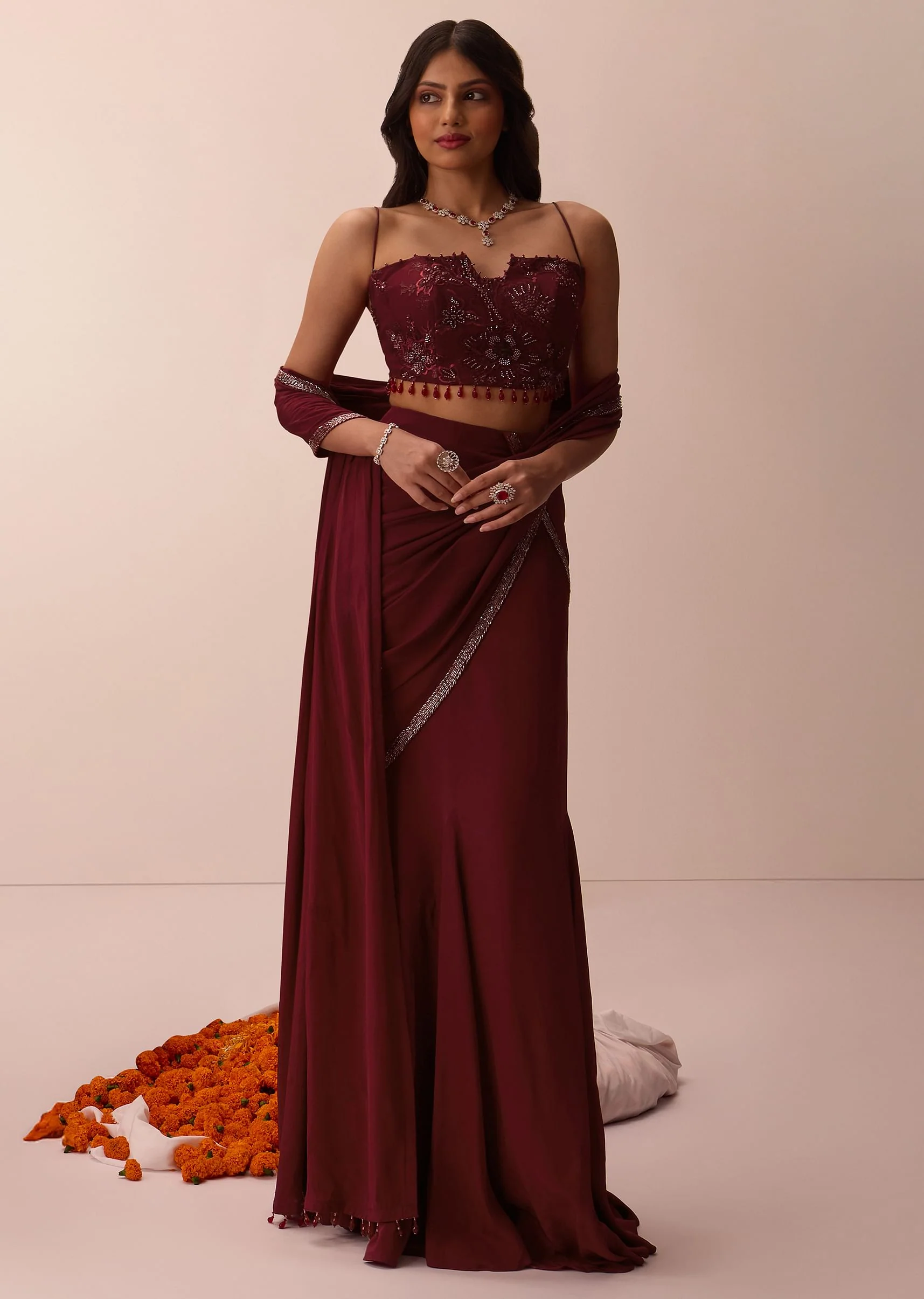 Maroon Corset Embroidered Blouse With Pre Stitched Draped Saree - Image 7