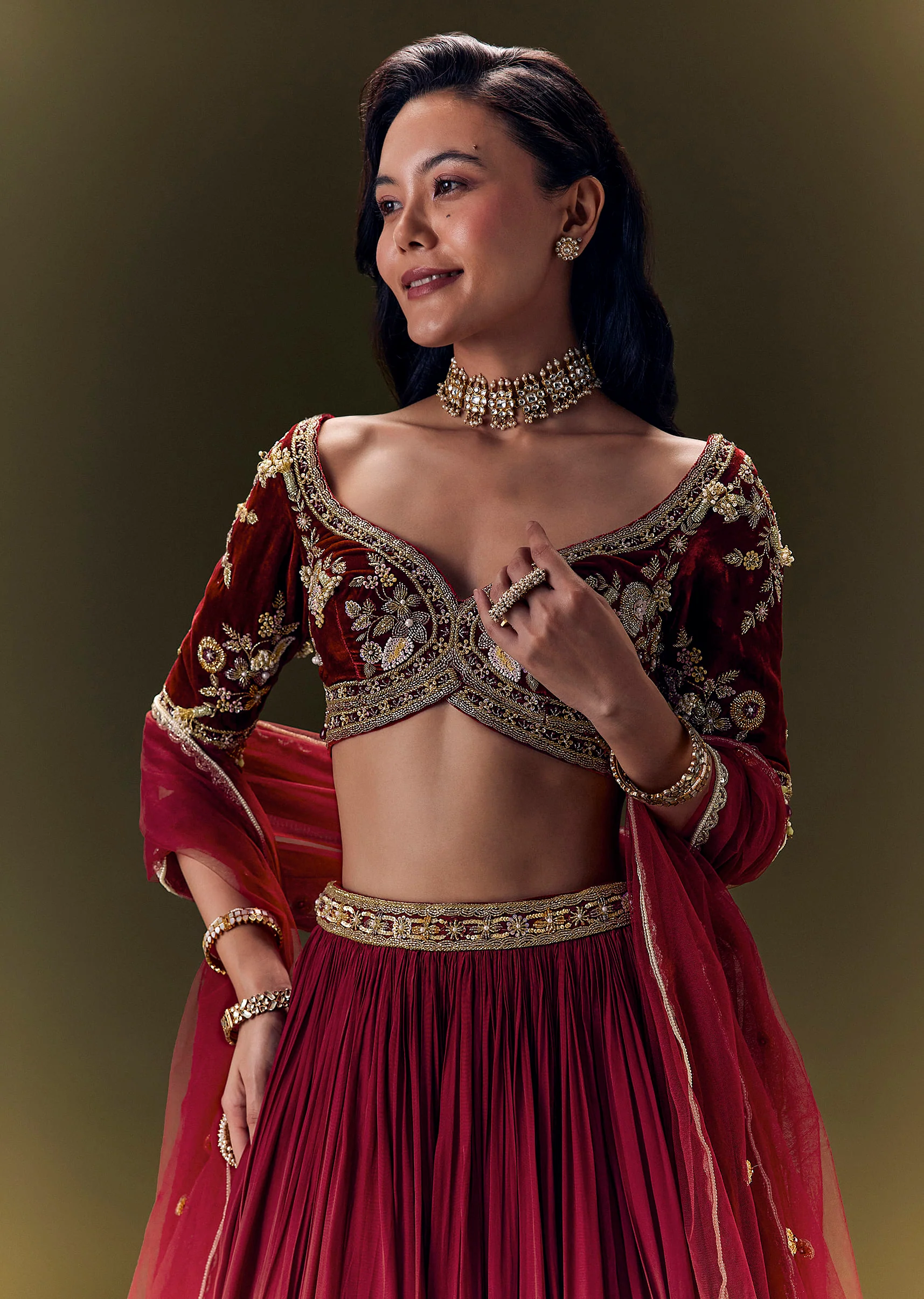 Maroon Crepe Velvet Lehenga Set With Cross Body Blouse - Image 4