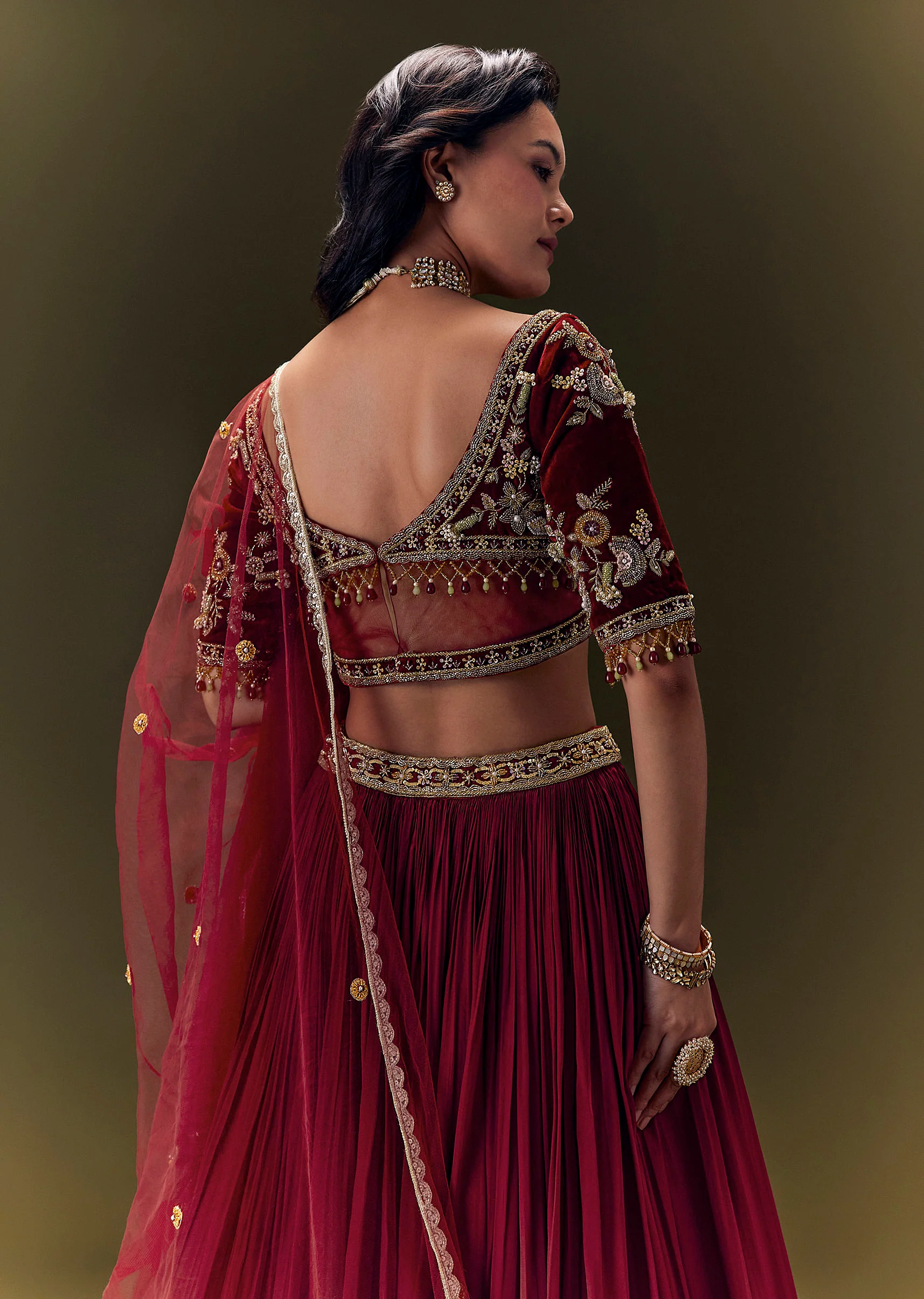 Maroon Crepe Velvet Lehenga Set With Cross Body Blouse - Image 5
