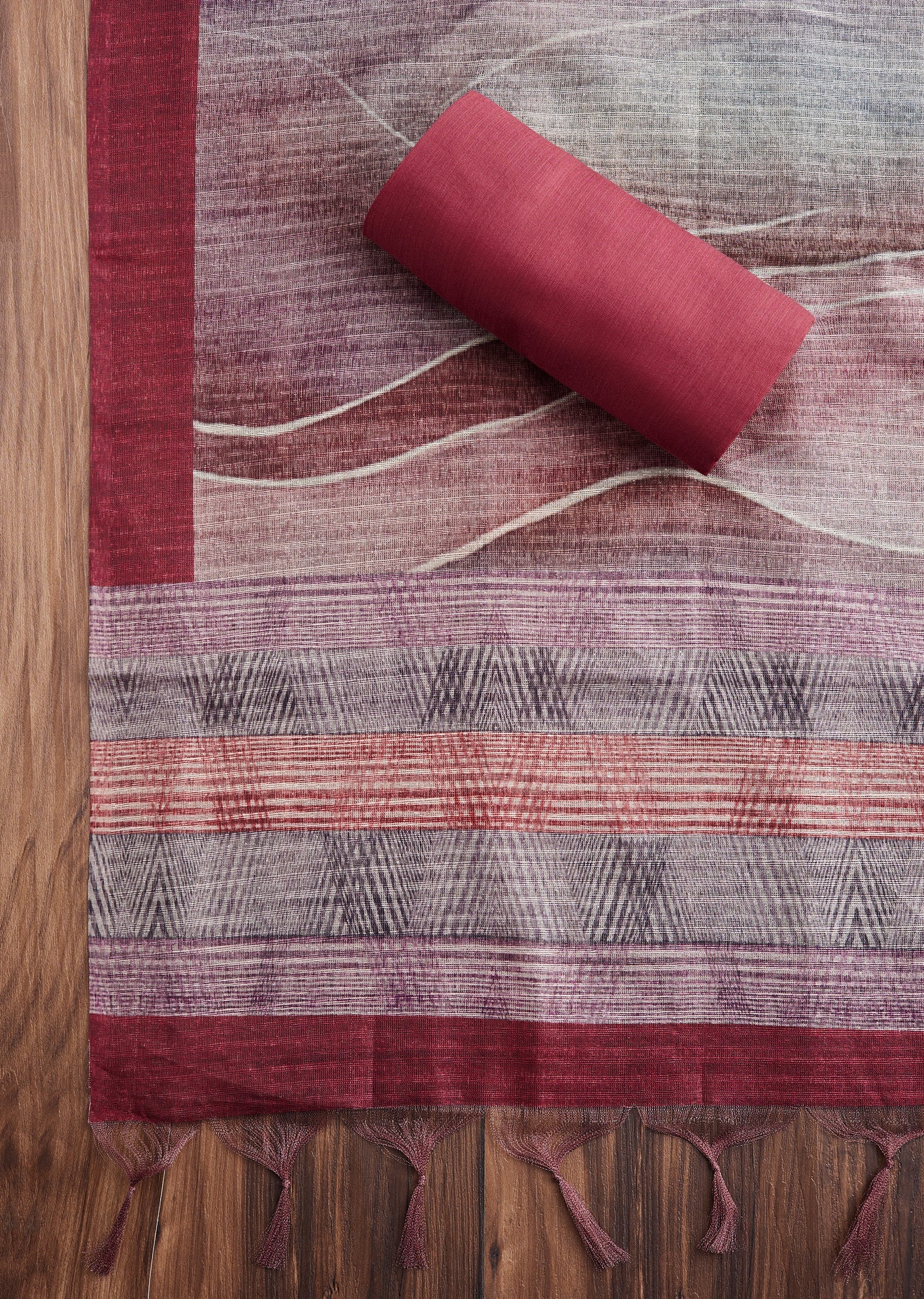 Maroon Dola Silk Printed Unstitched Suit - Image 4
