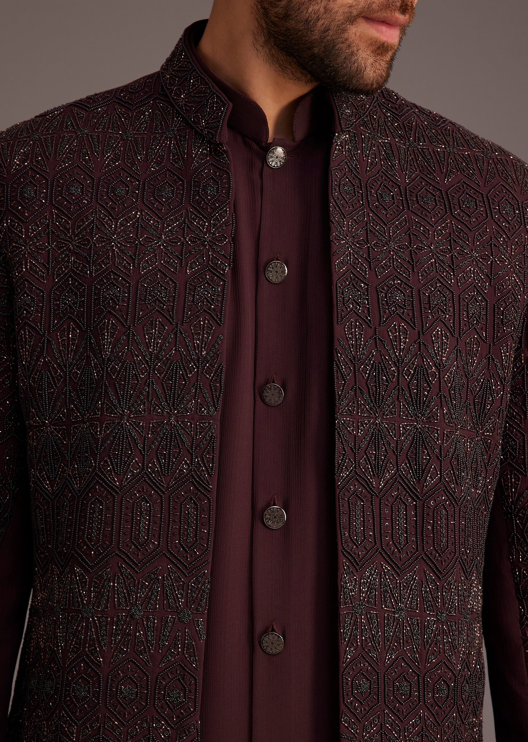 Maroon Embroidered Sherwani With Mandarin Collar - Image 3