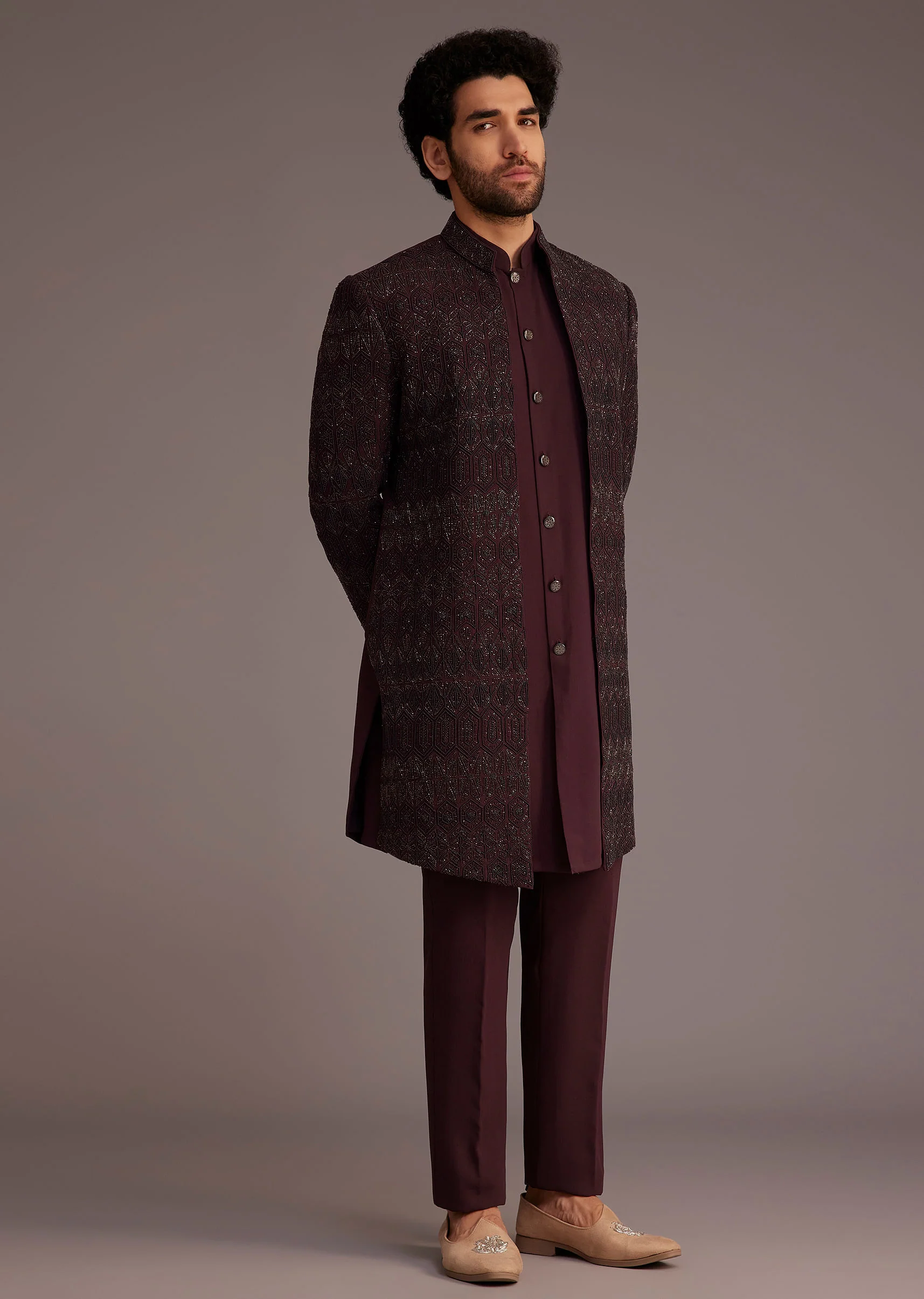 Maroon Embroidered Sherwani With Mandarin Collar - Image 4