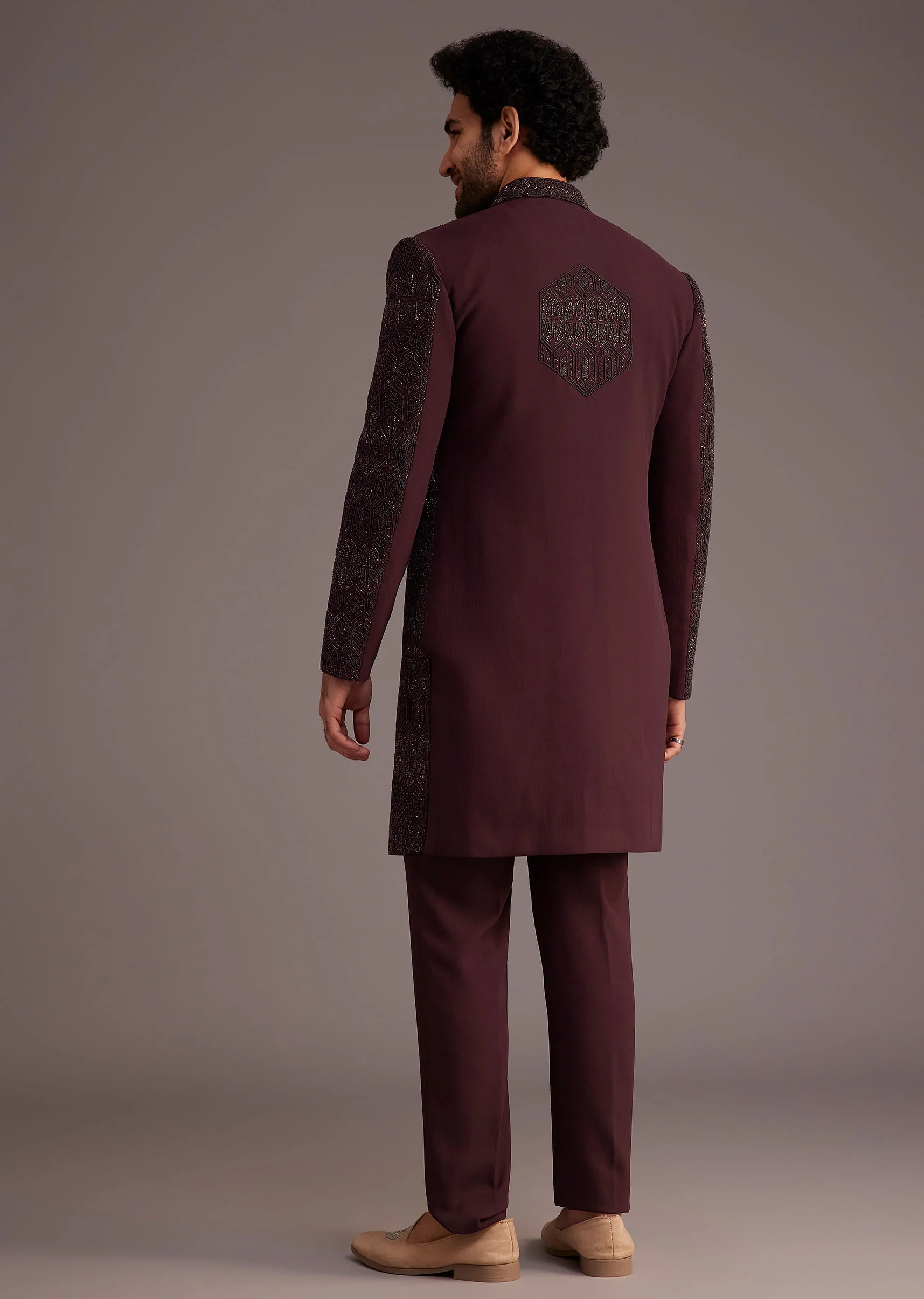 Maroon Embroidered Sherwani With Mandarin Collar - Image 5