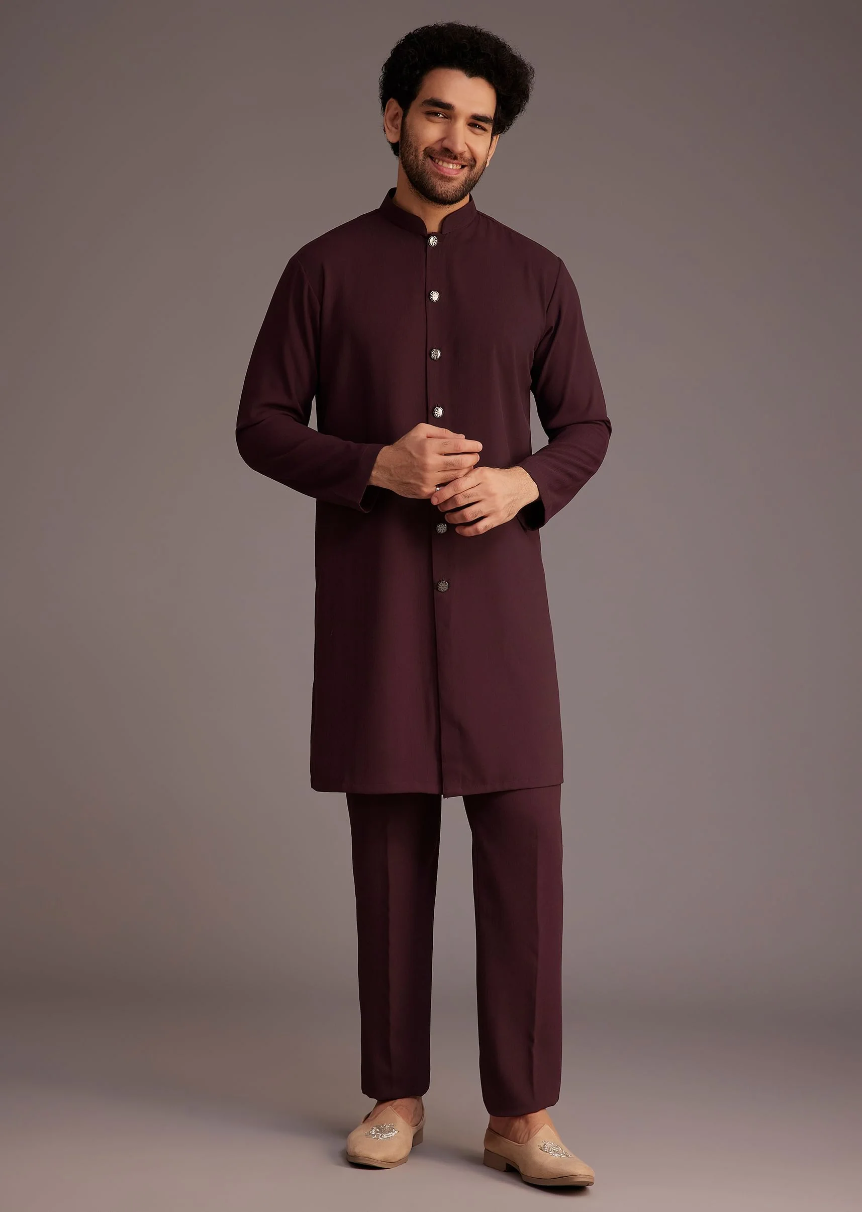 Maroon Embroidered Sherwani With Mandarin Collar - Image 6