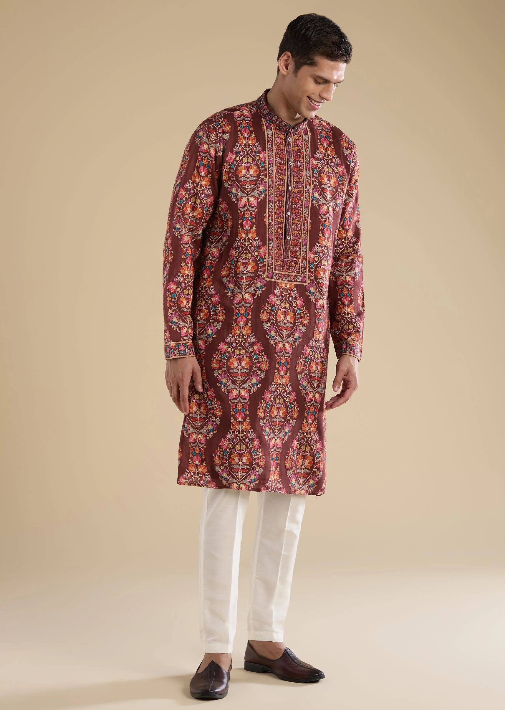 Maroon Embroidered Silk Kurta Set - Image 2