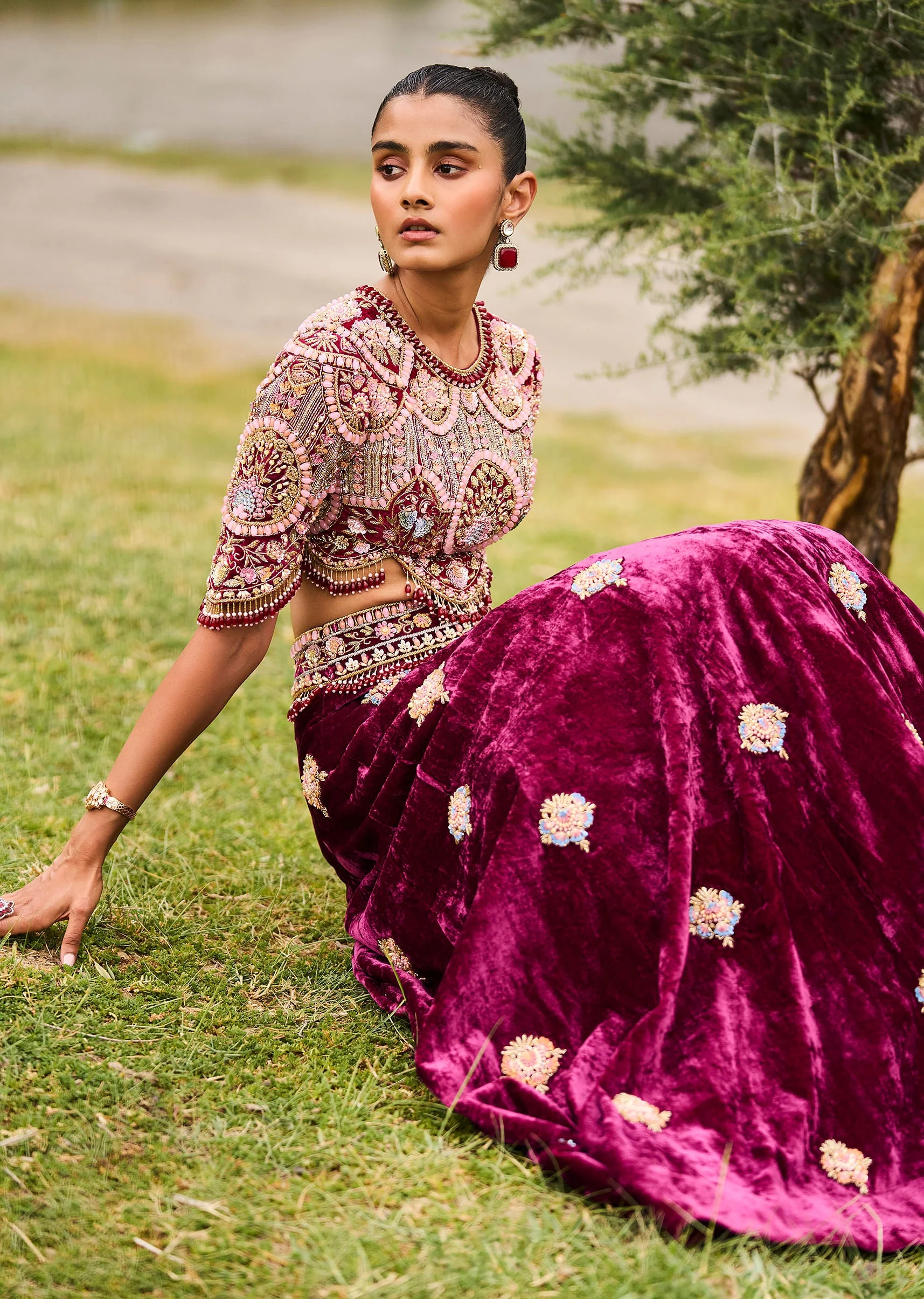 Maroon Embroidered Velvet Lehenga And Blouse With Dupatta - Image 3