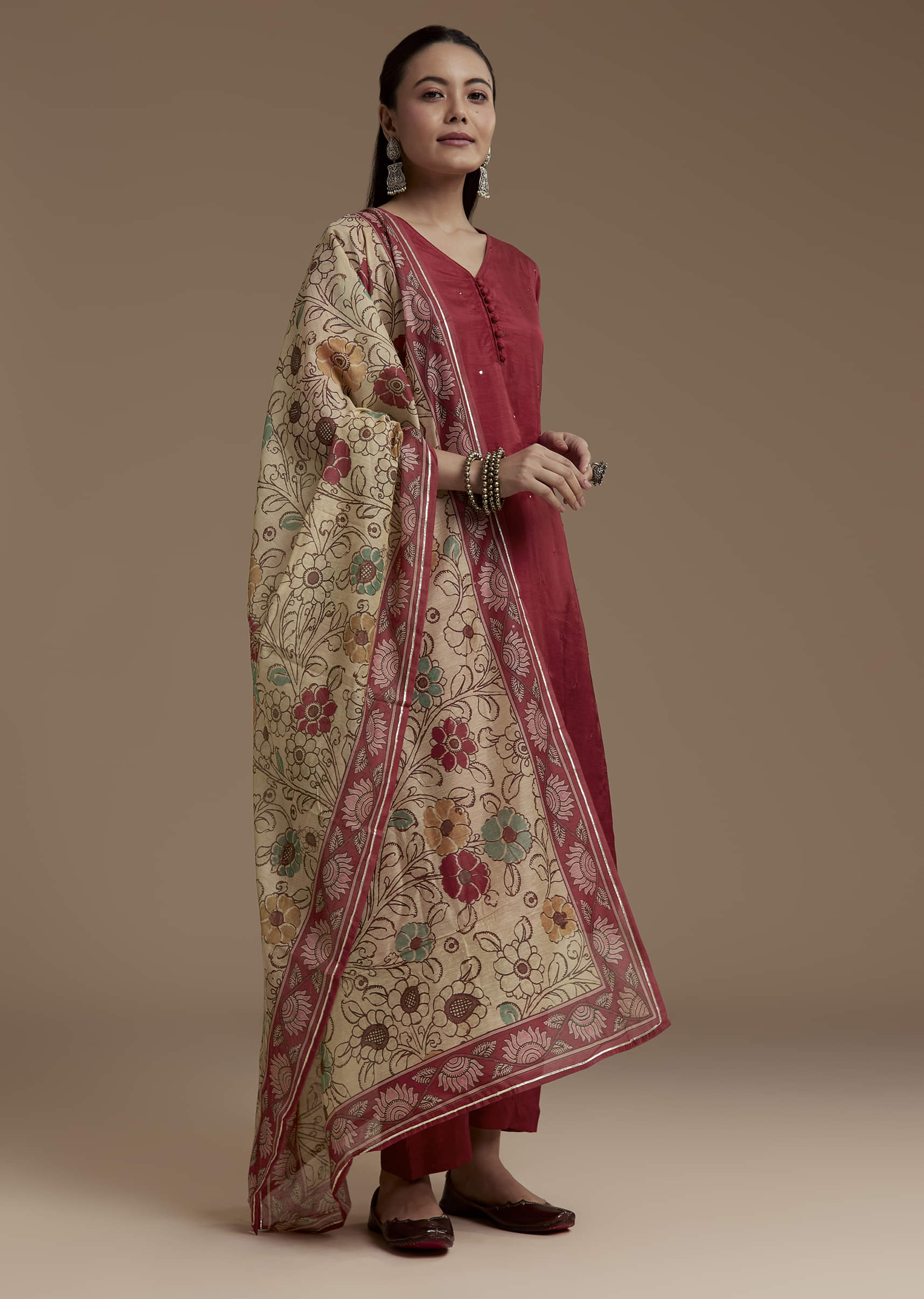 Maroon Foil Mirror Kurta Set with Kalamkari Dupatta - Image 3